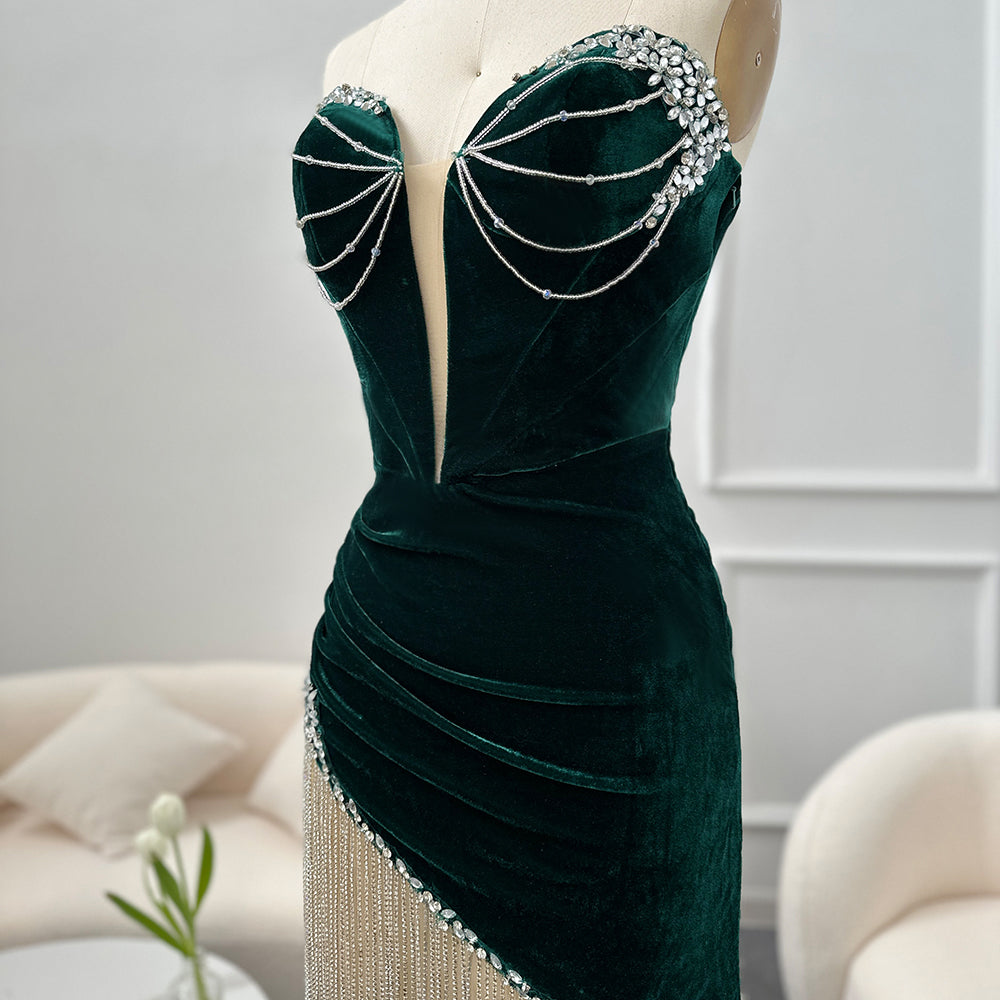 Corset Green Velvet Rhinestone Fringe Cocktail Party Mini Gown RM049