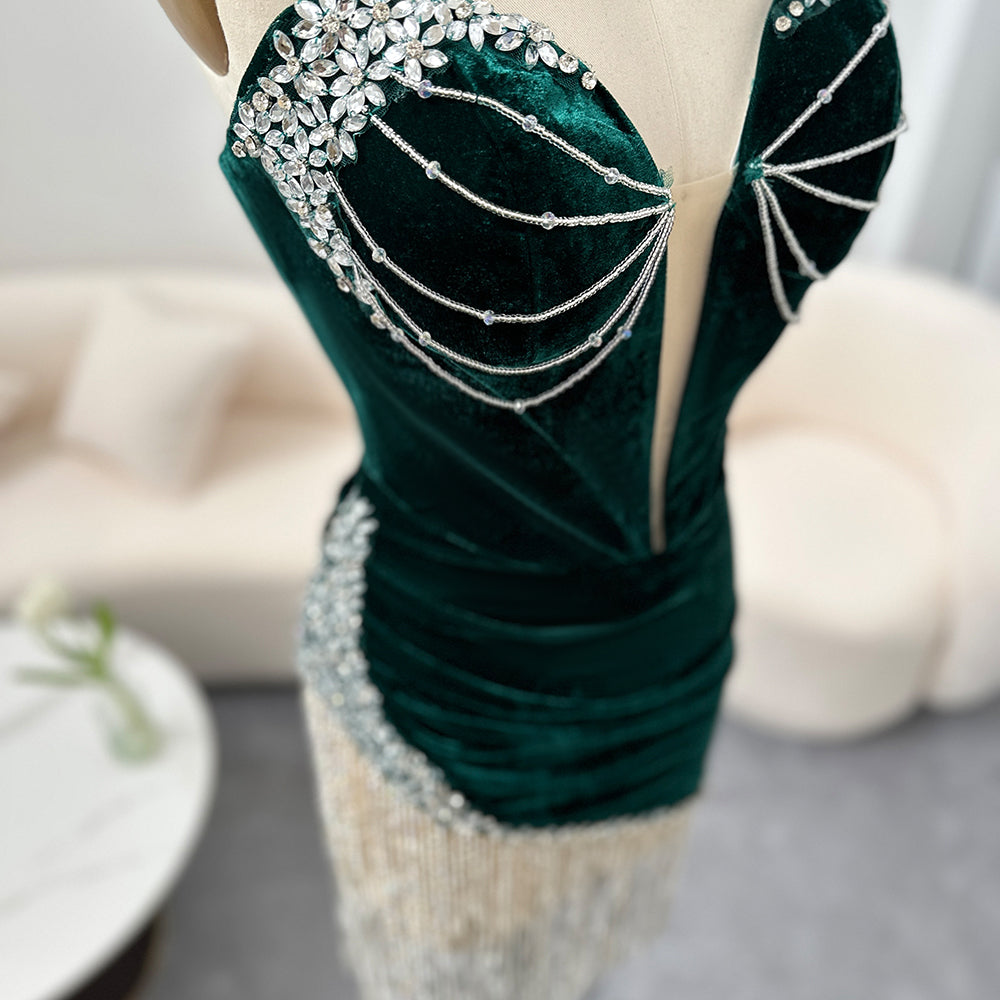 Corset Green Velvet Rhinestone Fringe Cocktail Party Mini Gown RM049