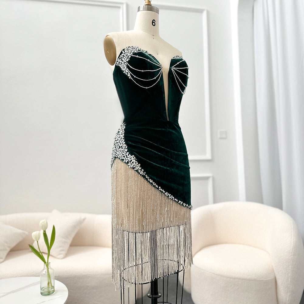 Corset Green Velvet Rhinestone Fringe Cocktail Party Mini Gown RM049