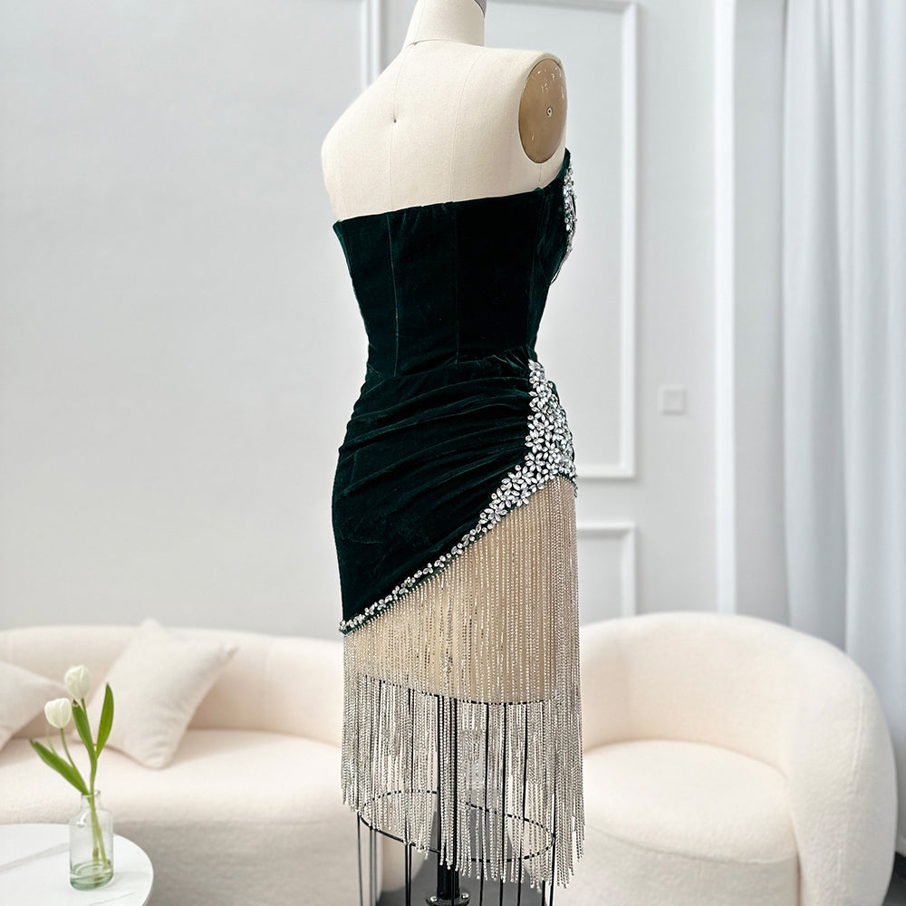 Corset Green Velvet Rhinestone Fringe Cocktail Party Mini Gown RM049