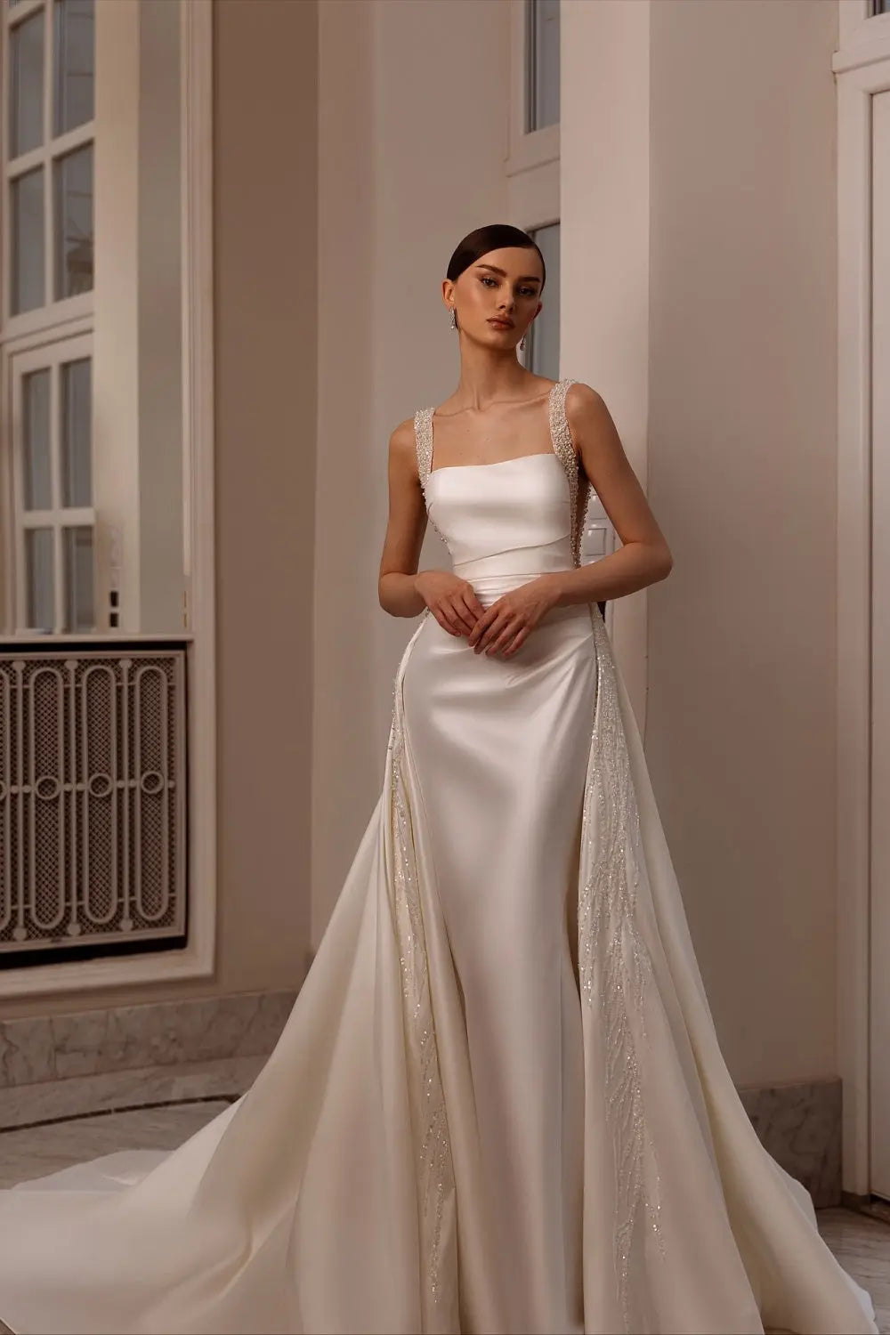 Ivory Satin Square Neck Beaded Mermaid Wedding Dress SW174 – SHEER FAIRY