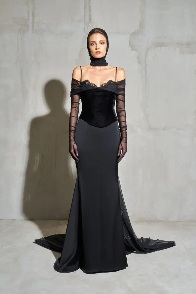 Modest Black Velvet Mermaid Long Sleeve Evening Dress SF440 – SHEER FAIRY