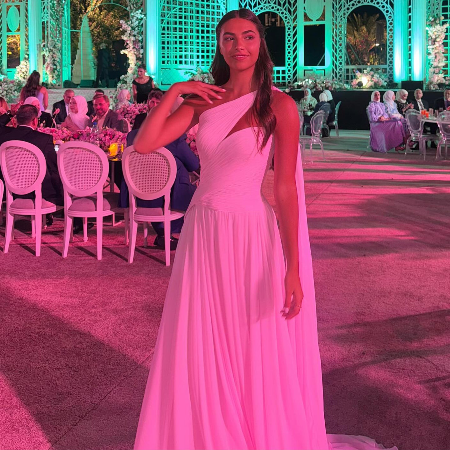 Elegant Light Pink One Shoulder Chiffon Evening Gown SF052