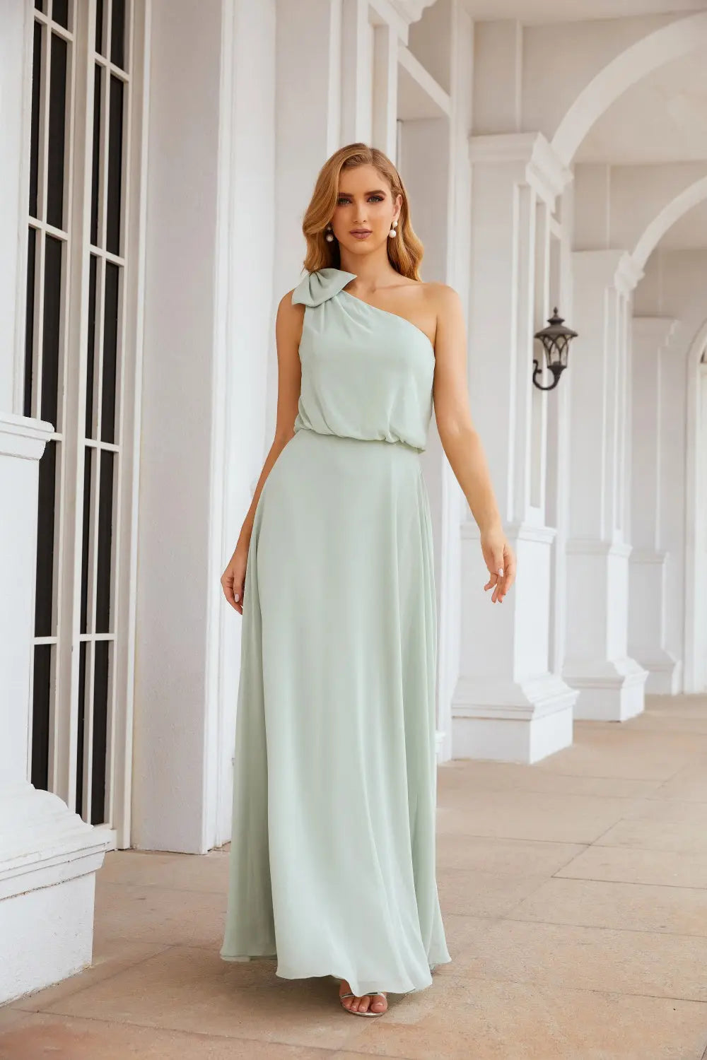 Sage Green One-Shoulder Chiffon A-Line Bow Bridesmaid Dress BS009 – SHEER FAIRY