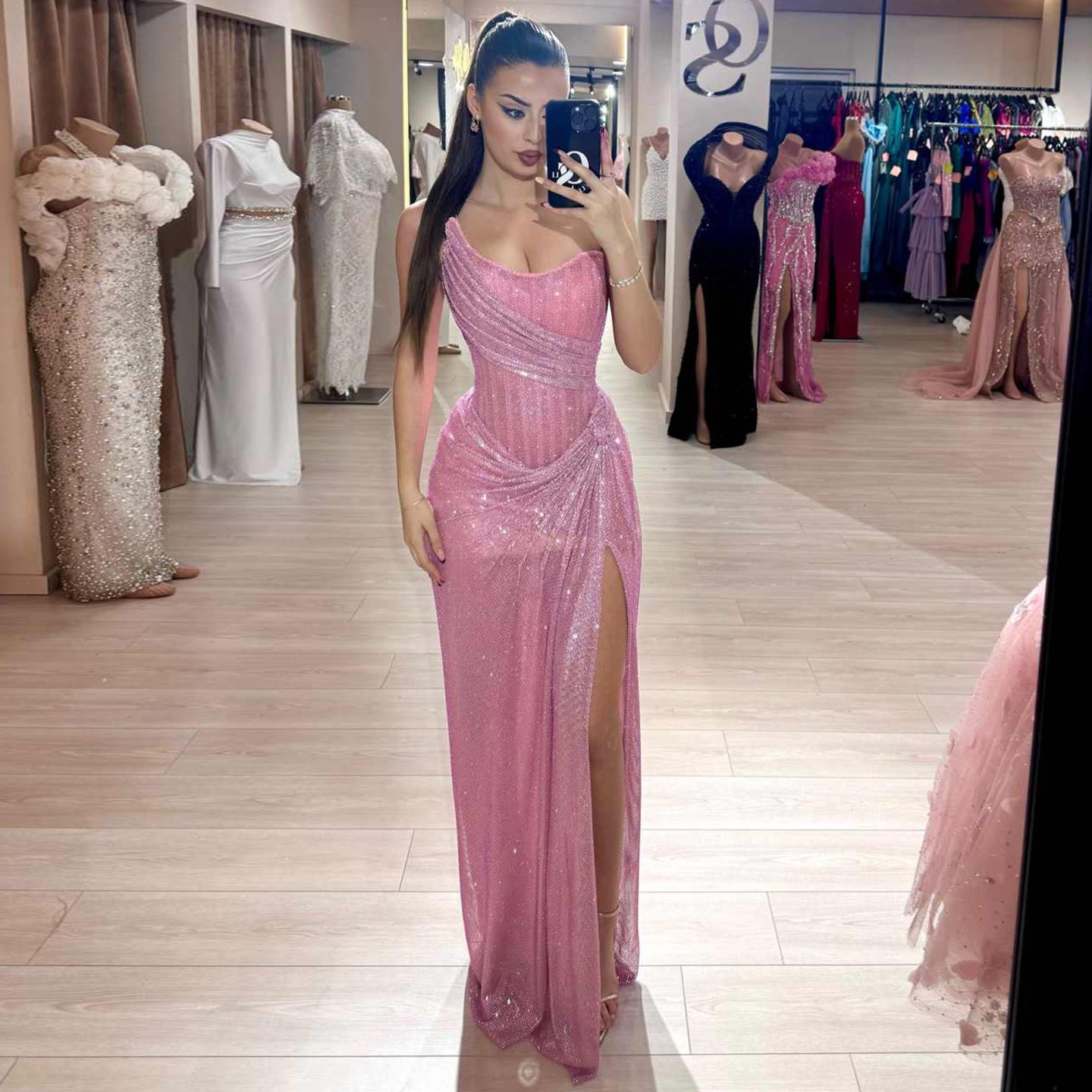 Elegant Pink Sequin One Shoulder Evening Dress with High Slit SH539