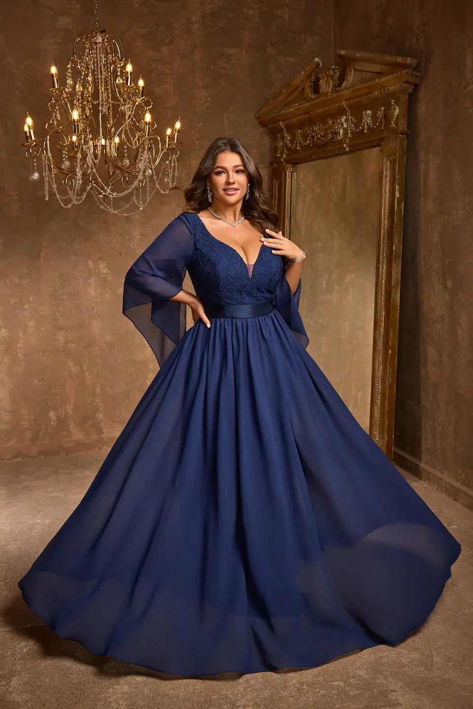 blue dress for baby girl Plus Size Navy Blue Lace Plunging V-Neck Evening Dress SF611 – SHEER FAIRY