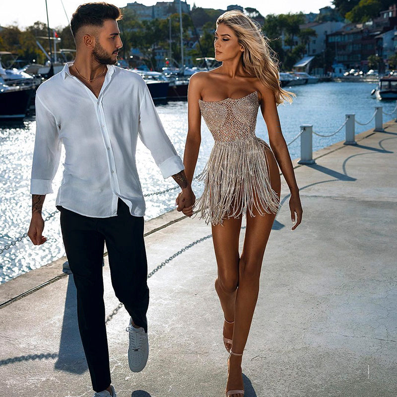Sparkly  Rhinestone Fringe Strapless Mini Party Gown RM040