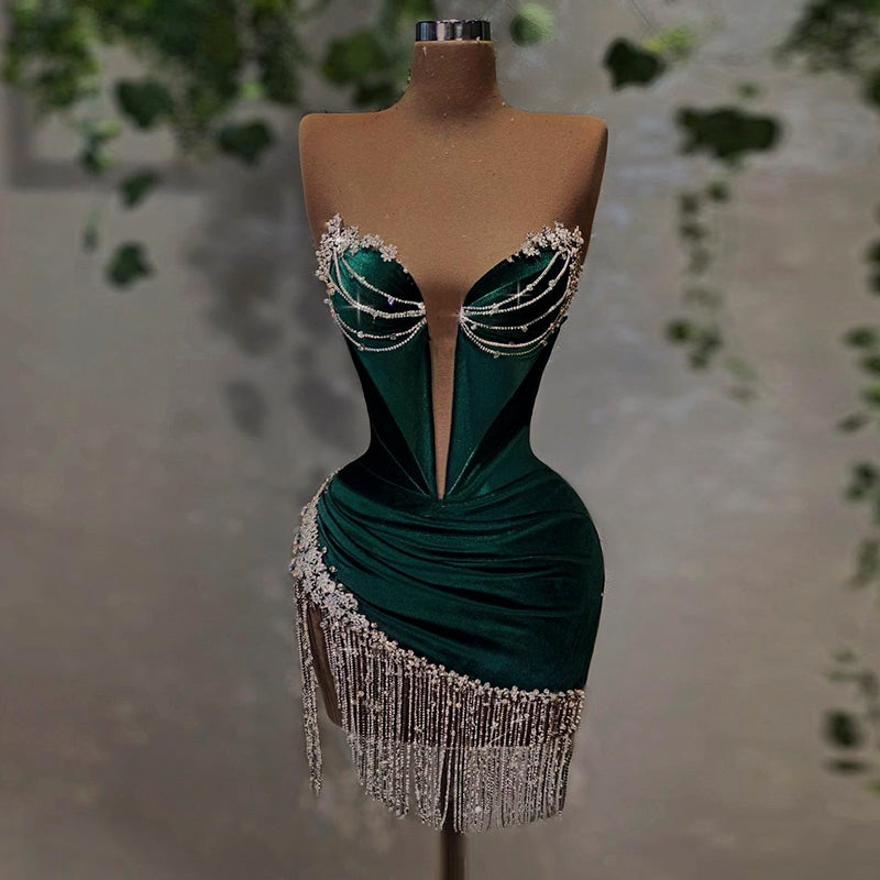 Corset Green Velvet Rhinestone Fringe Cocktail Party Mini Gown RM049