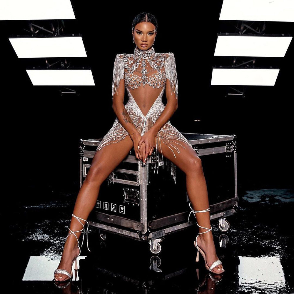 Sparkly Rhinestone Fringe High Neck Mini Party Gown RM008