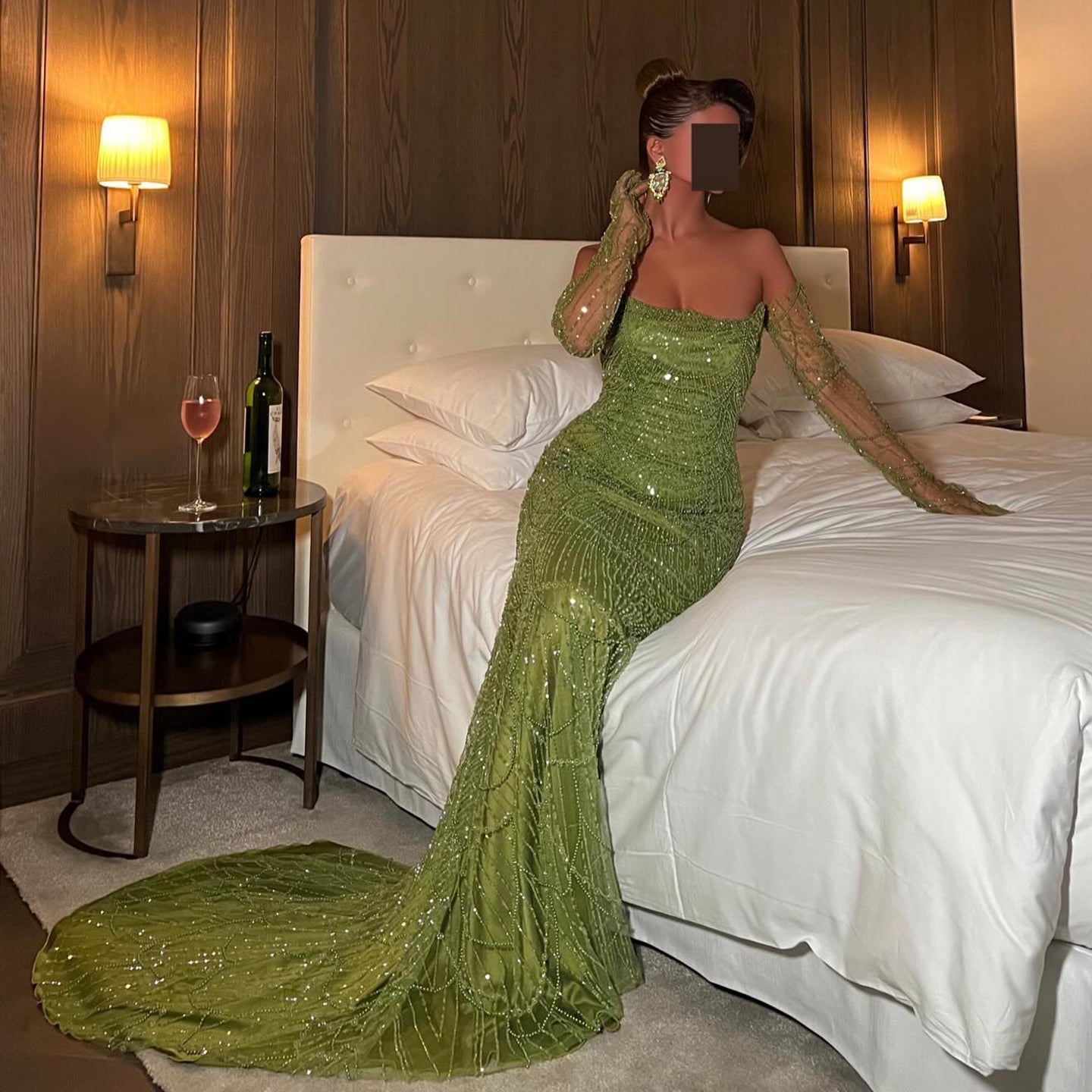 Luxury Beaded Green Mermaid Evening Dress with Gloves SS606