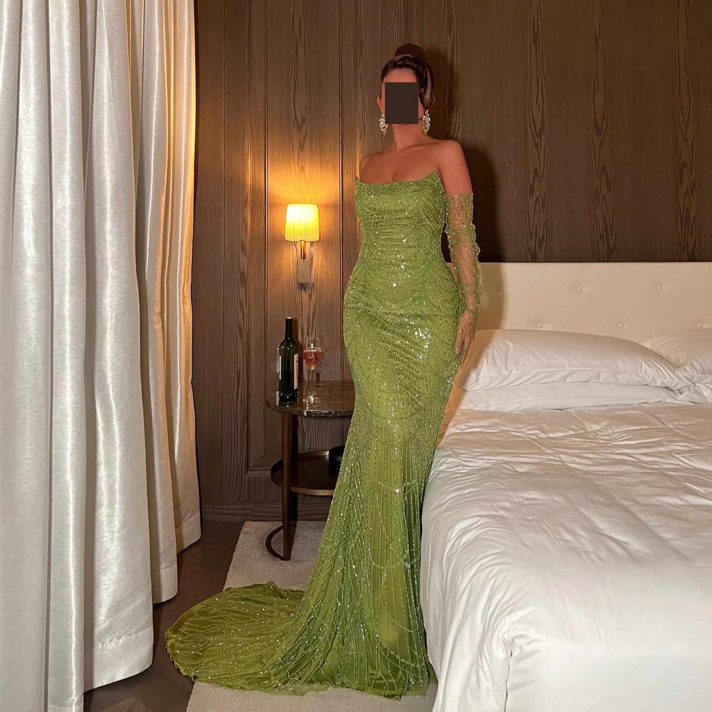 Luxury Beaded Green Mermaid Evening Dress with Gloves SS606