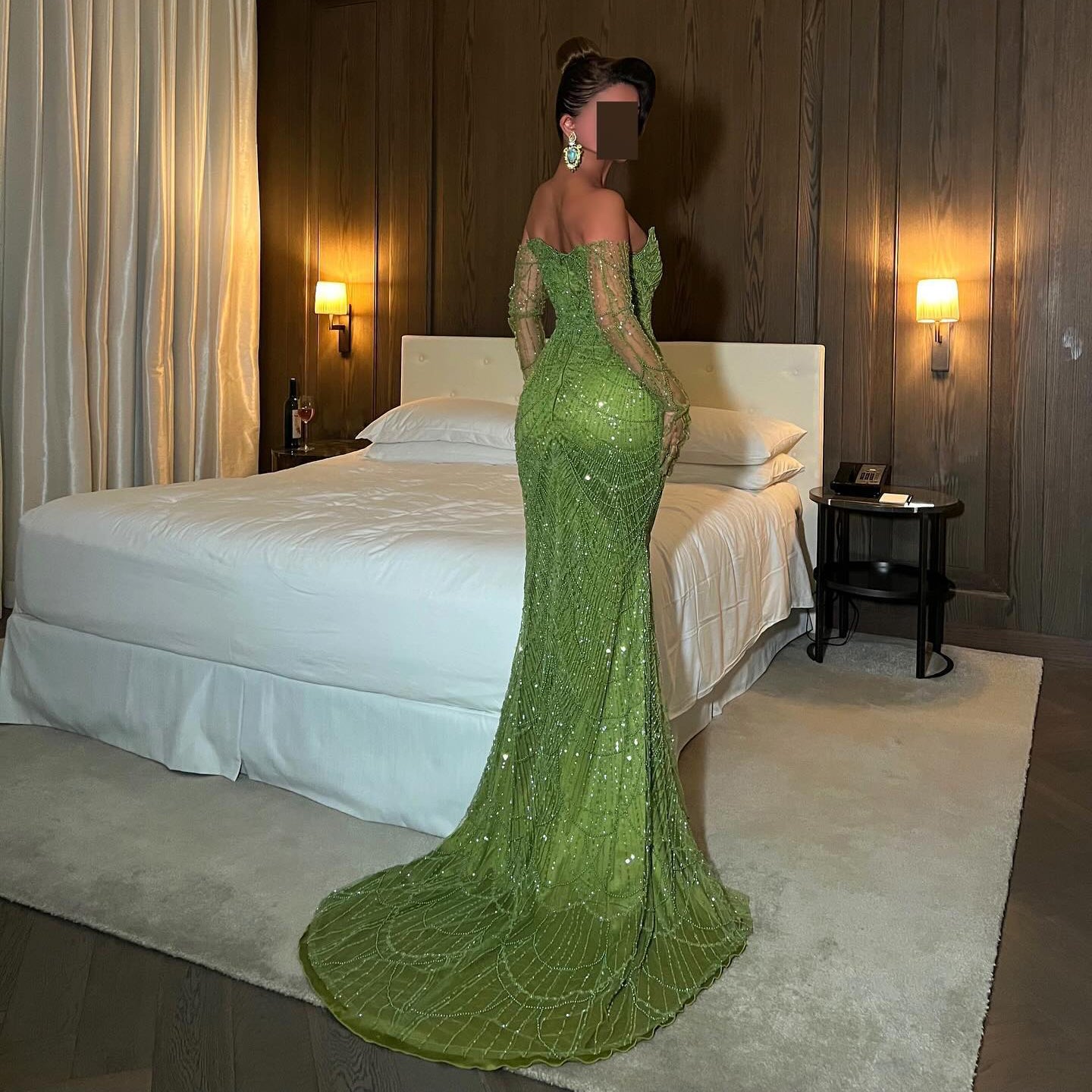 Luxury Beaded Green Mermaid Evening Dress with Gloves SS606