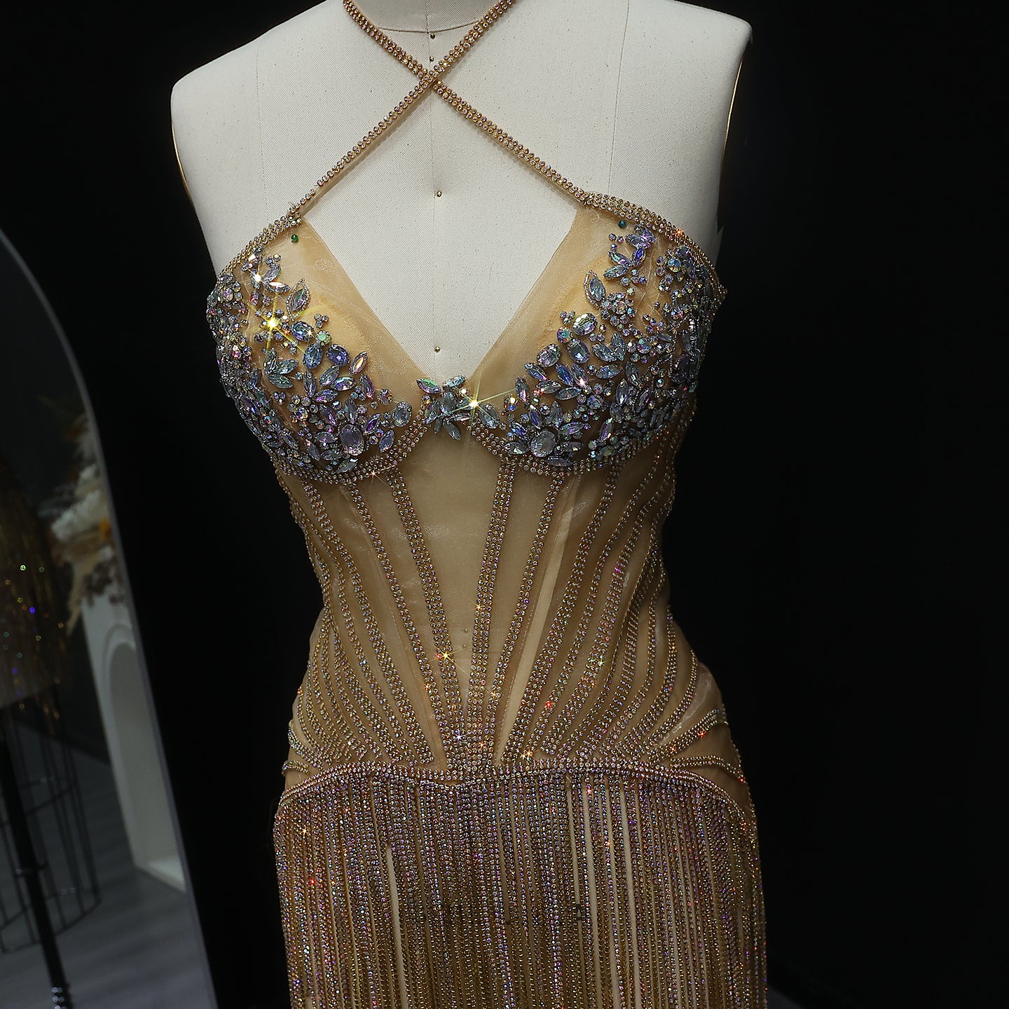 Sparkly Luxury Rhinestone Fringe Crisscross Mini Party Gown RM011