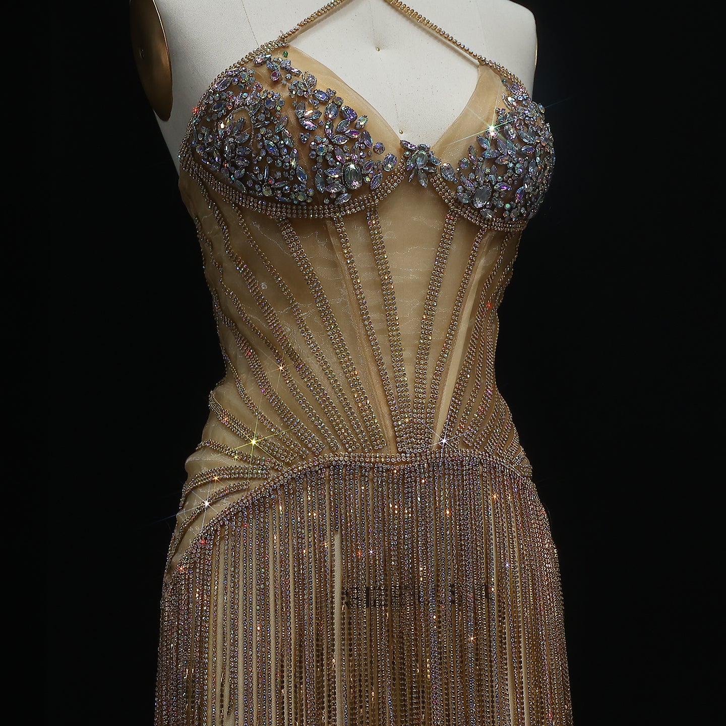 Sparkly Luxury Rhinestone Fringe Crisscross Mini Party Gown RM011