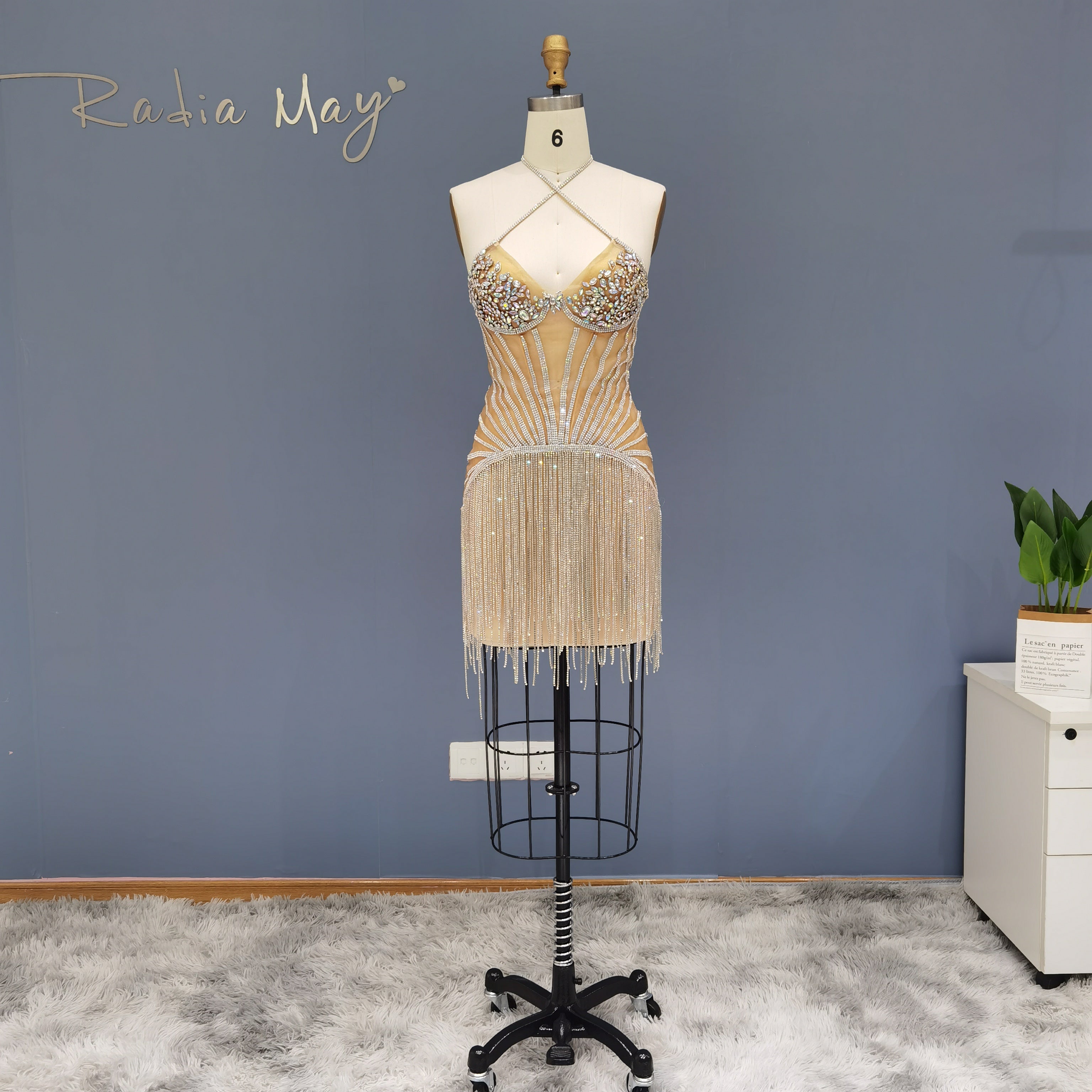 Sparkly Luxury Rhinestone Fringe Crisscross Mini Party Gown RM011