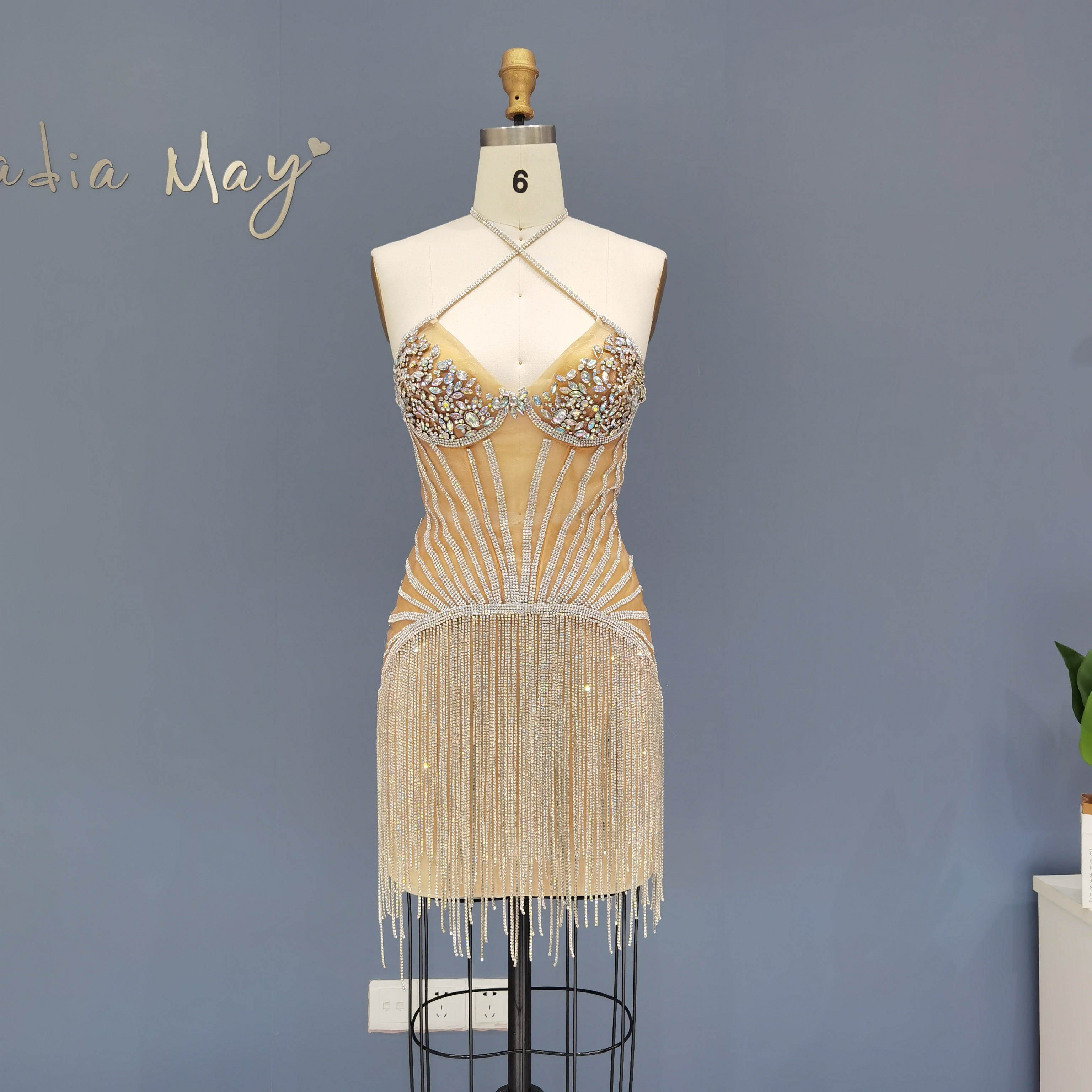 Sparkly Luxury Rhinestone Fringe Crisscross Mini Party Gown RM011