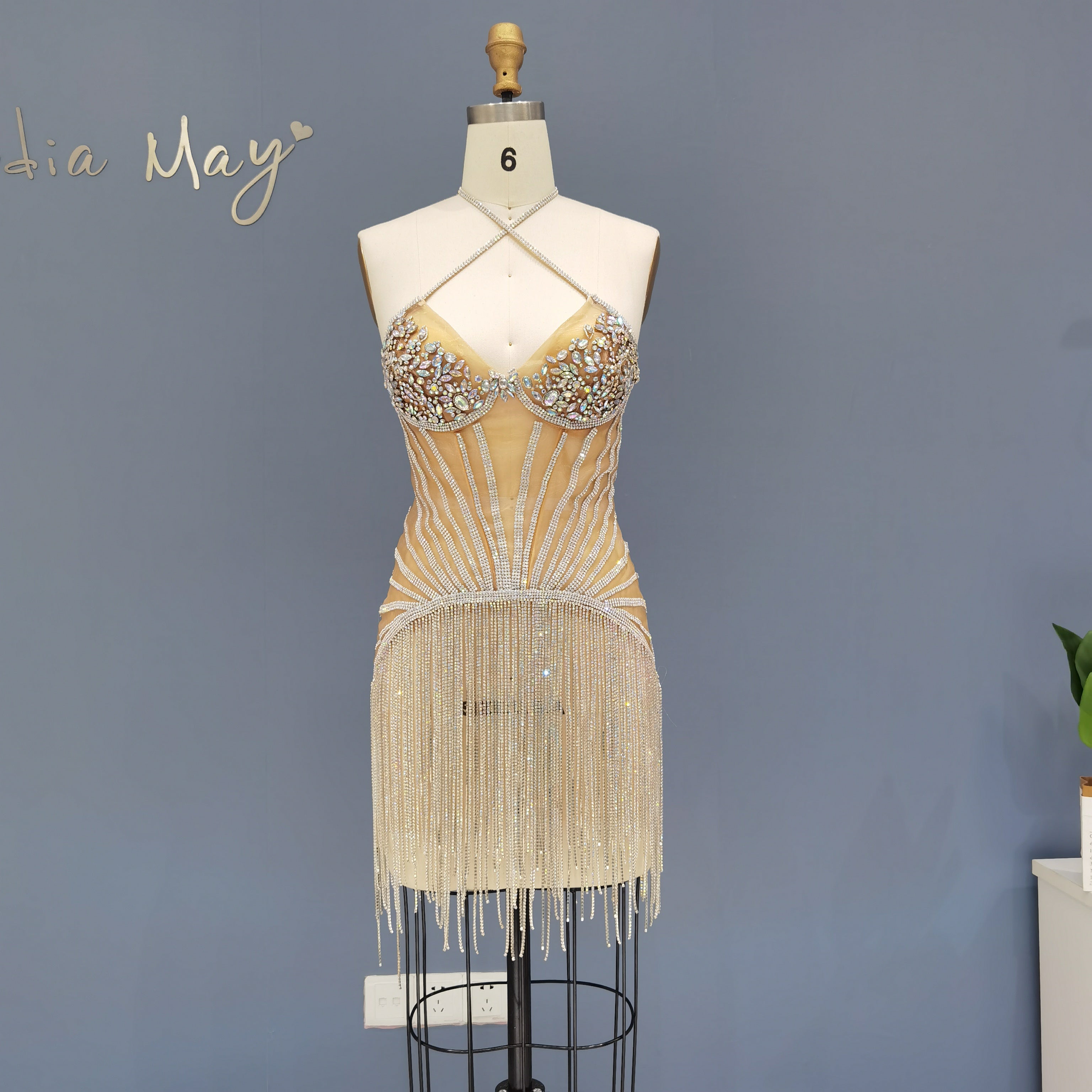 Sparkly Luxury Rhinestone Fringe Crisscross Mini Party Gown RM011
