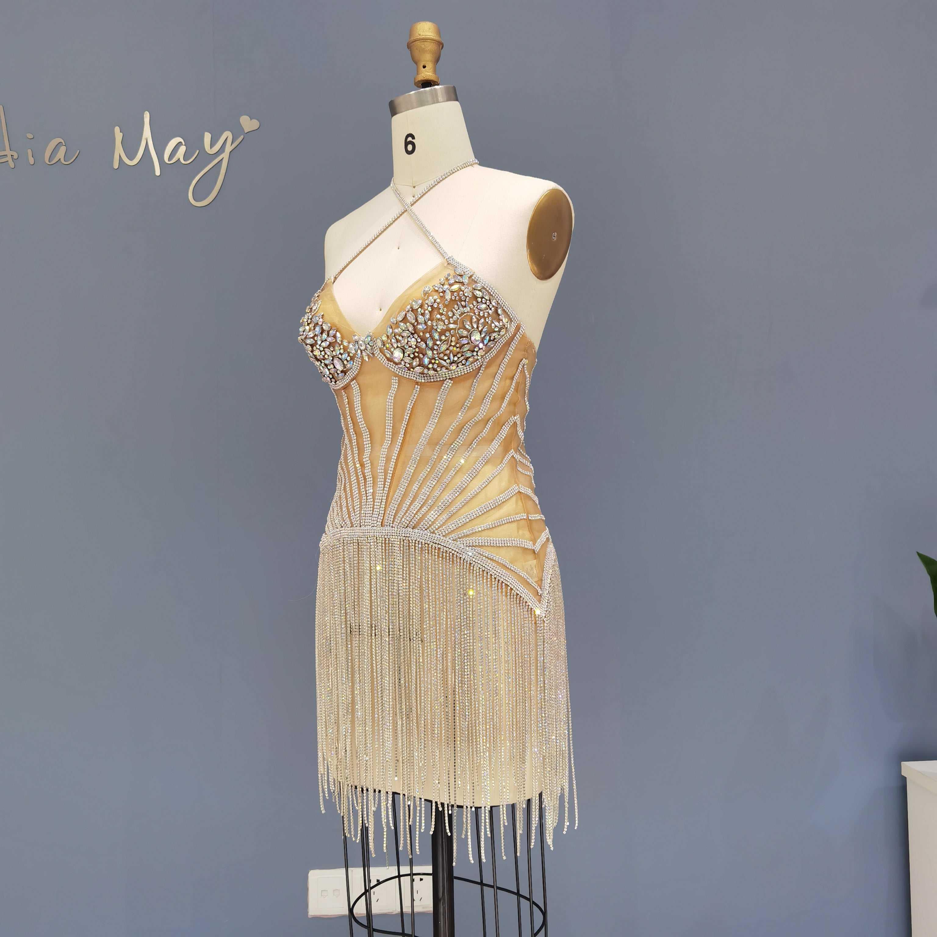 Sparkly Luxury Rhinestone Fringe Crisscross Mini Party Gown RM011