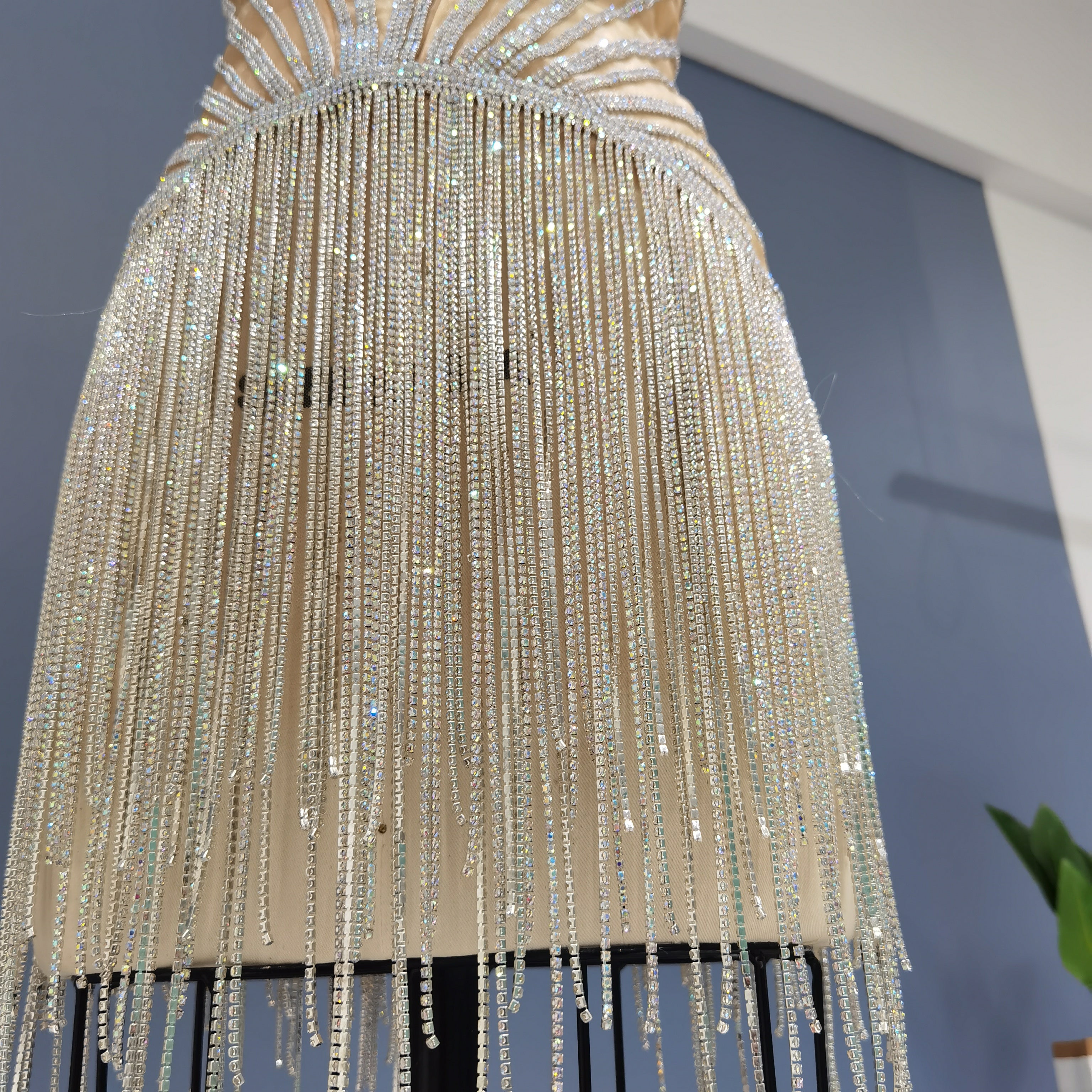 Sparkly Luxury Rhinestone Fringe Crisscross Mini Party Gown RM011