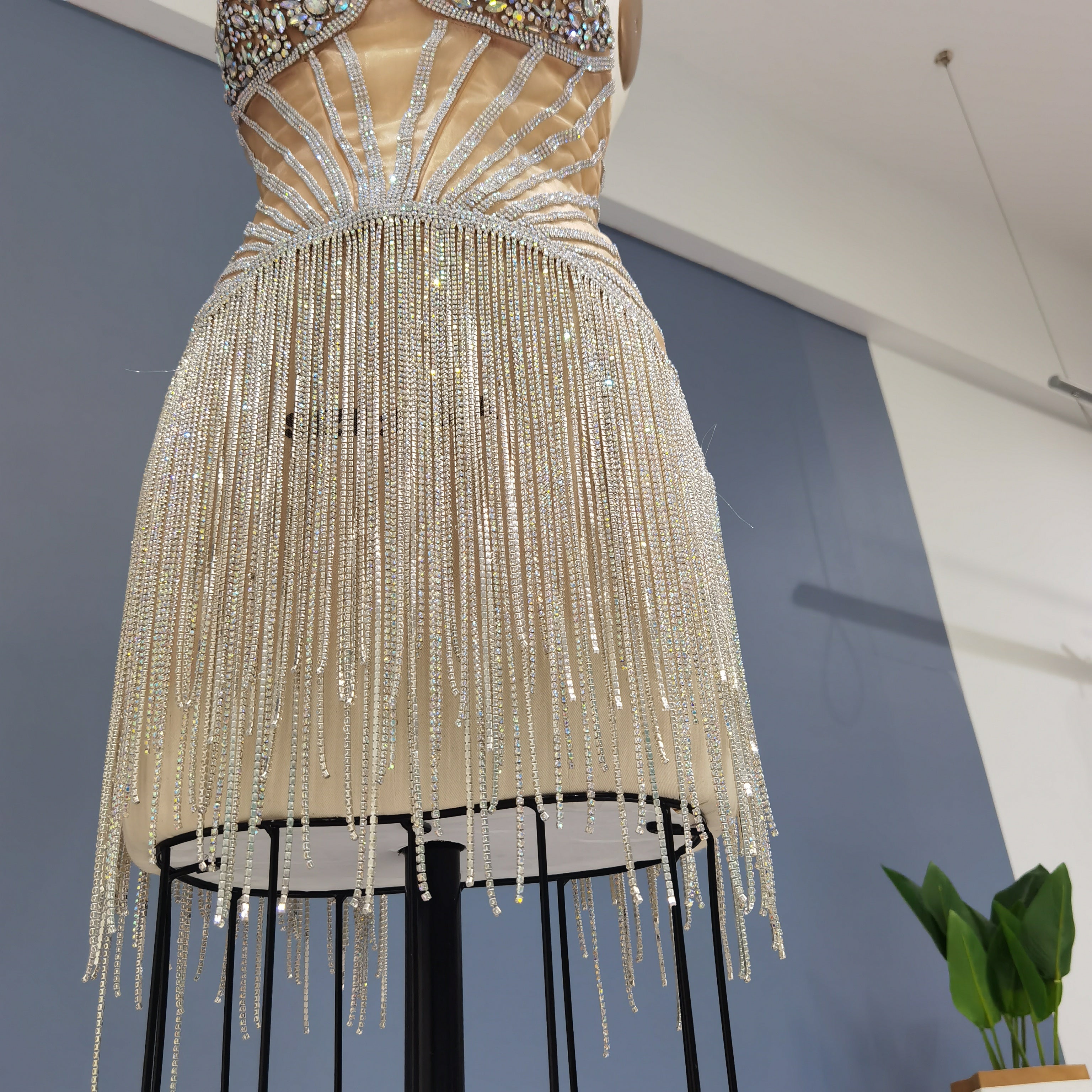 Sparkly Luxury Rhinestone Fringe Crisscross Mini Party Gown RM011