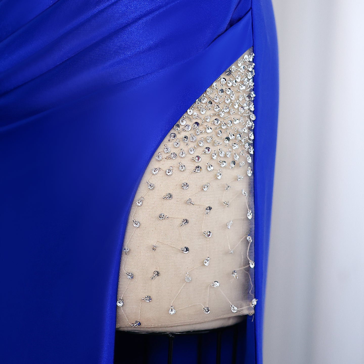 Royal Satin Rhinestone Strap High Slit Evening Prom Dress SH010