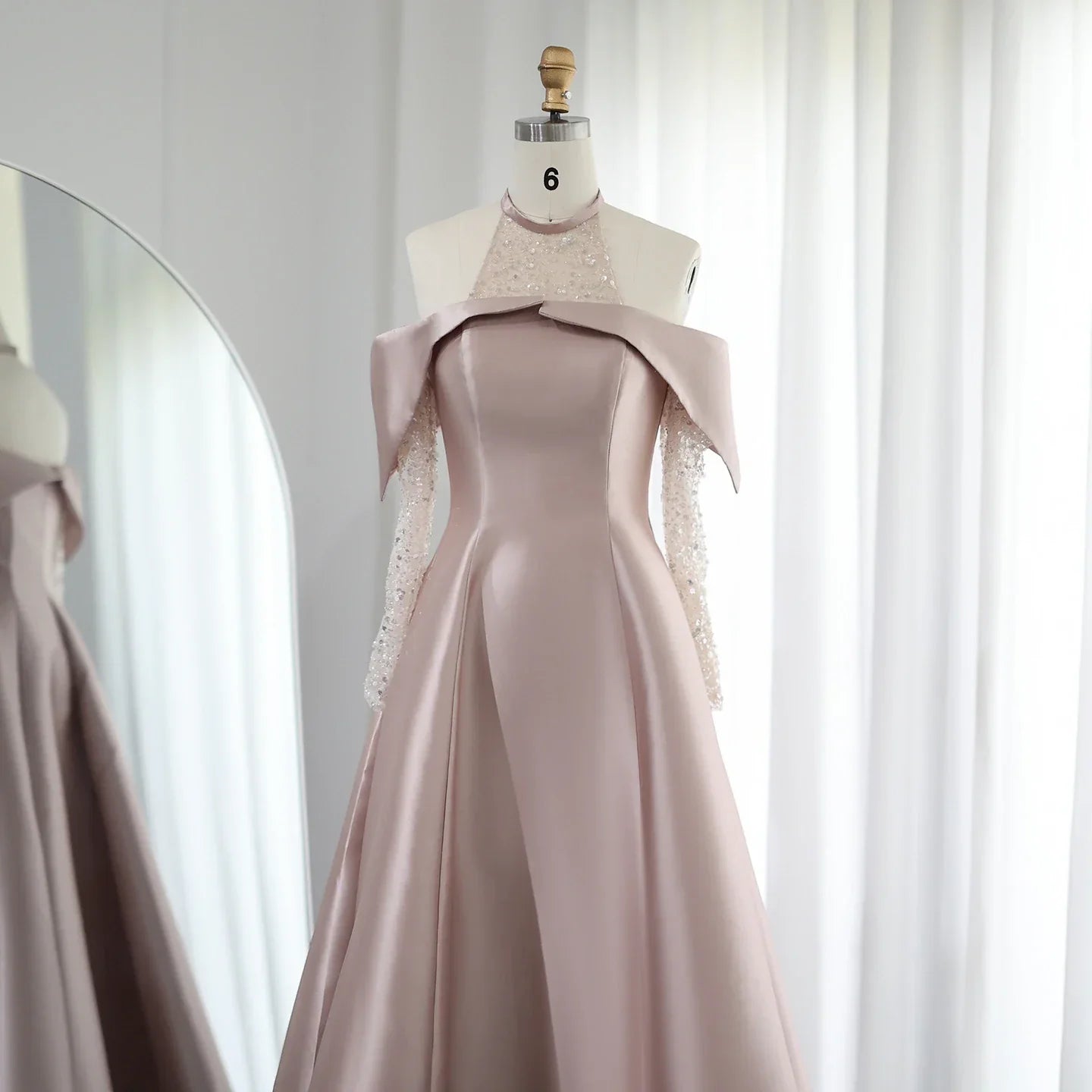 Dreamy Vow Elegant Khaki Satin High Low Dubai Evening Dress for Wedding Party Halter Arabic Women Midi Formal Guest Gowns F 058