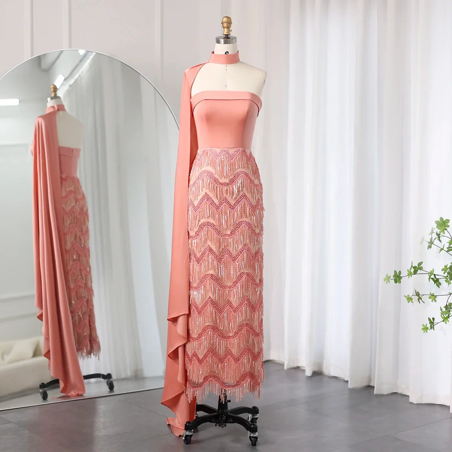 Blue Tassel Strapless Evening Dress with Cape Sleeve SS143