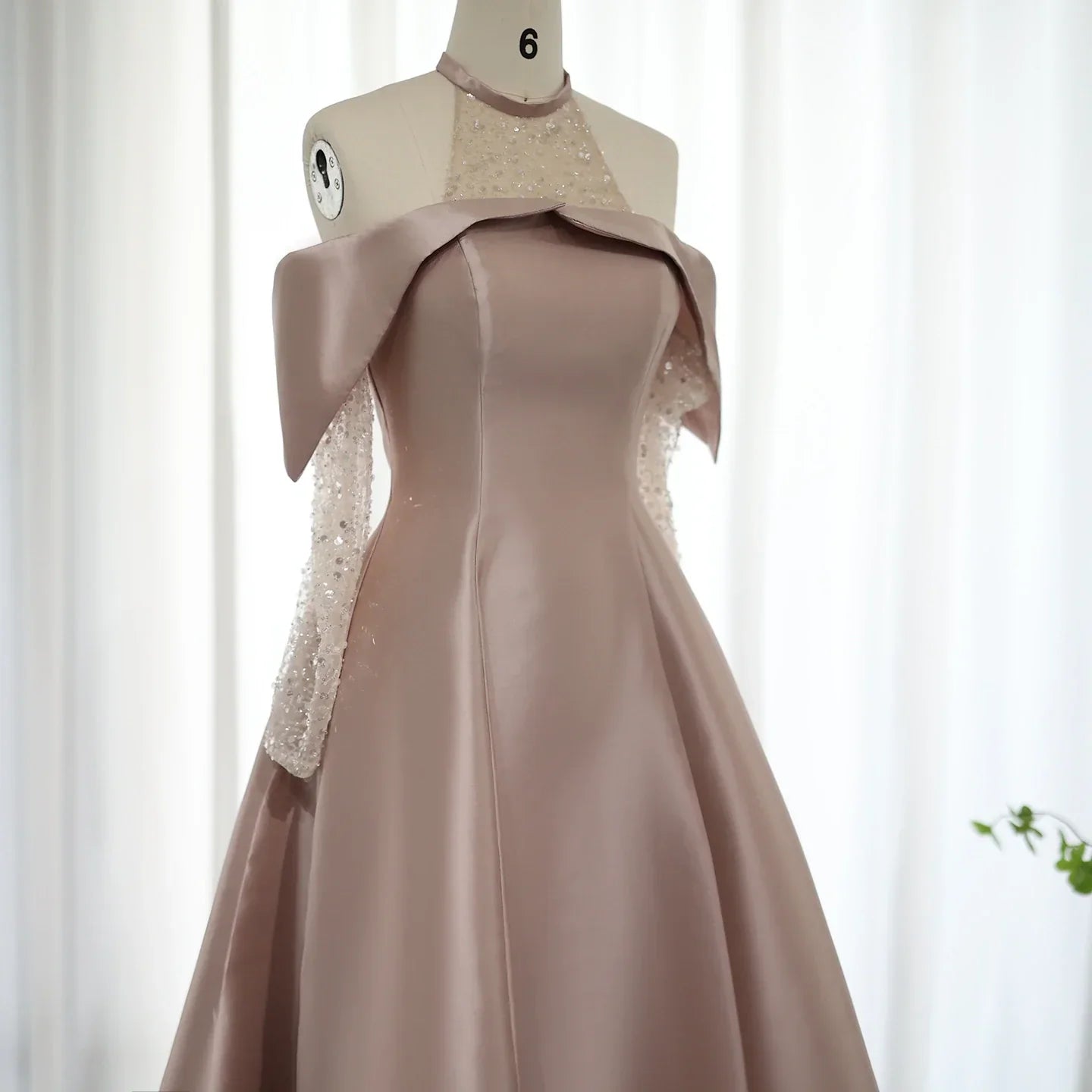Dreamy Vow Elegant Khaki Satin High Low Dubai Evening Dress for Wedding Party Halter Arabic Women Midi Formal Guest Gowns F 058