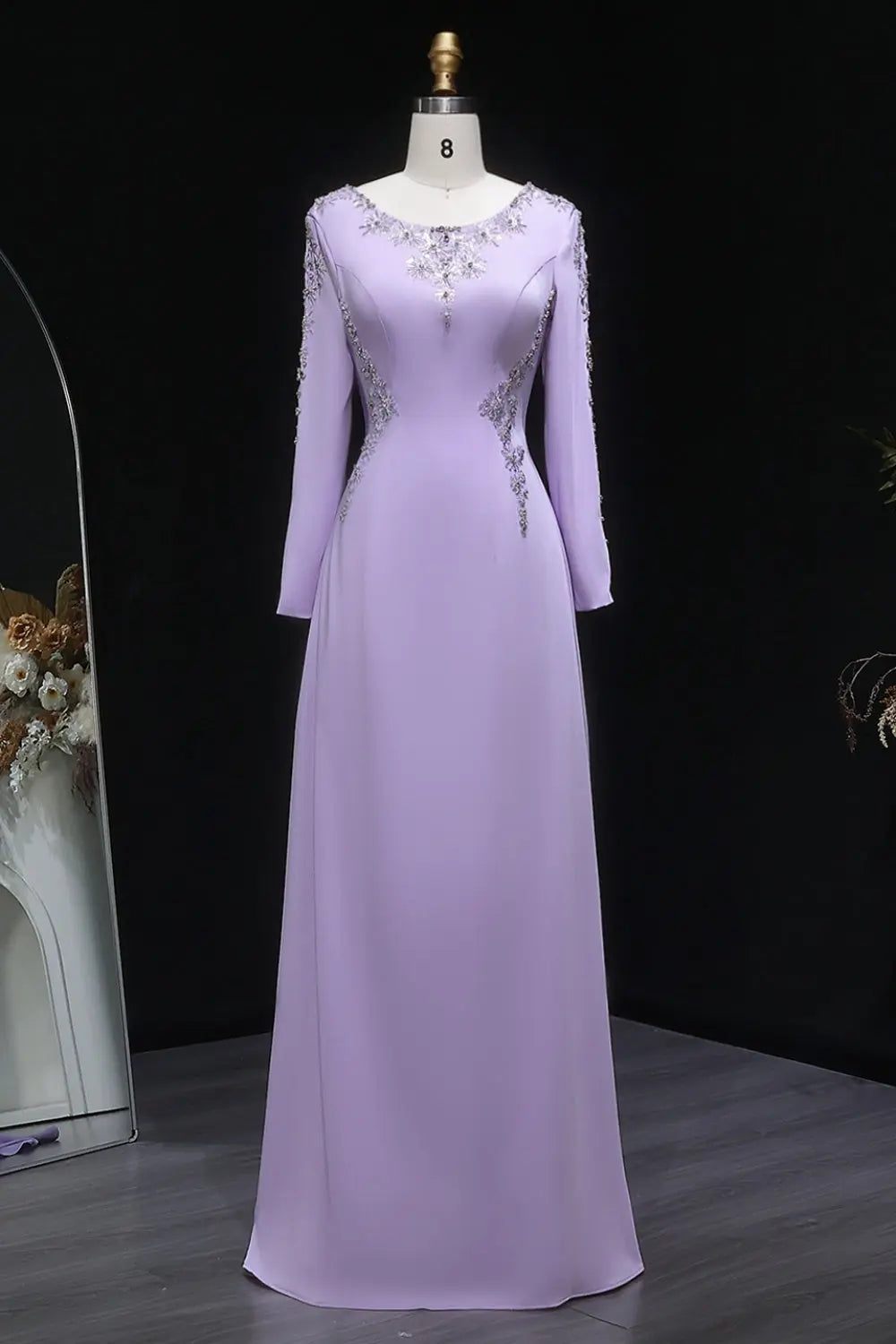Lavender Chiffon Beaded Long Sleeve Round Neck Evening Dress SF297 – SHEER  FAIRY