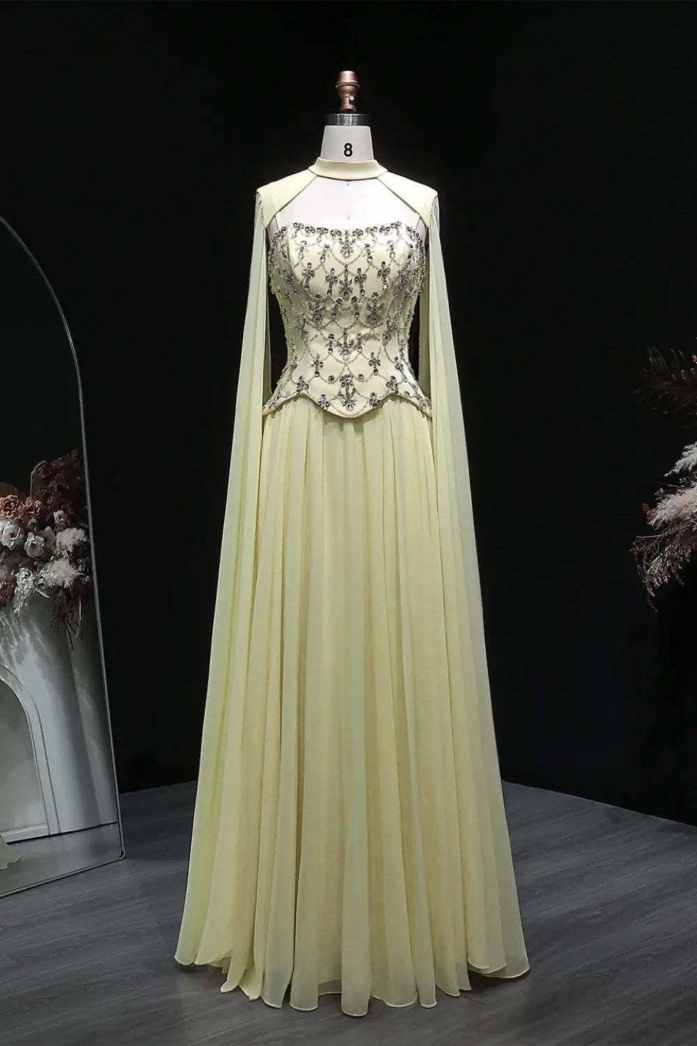 Pale Yellow Chiffon A-Line Evening Dress with Attached Capelet Sleeves –  SHEER FAIRY