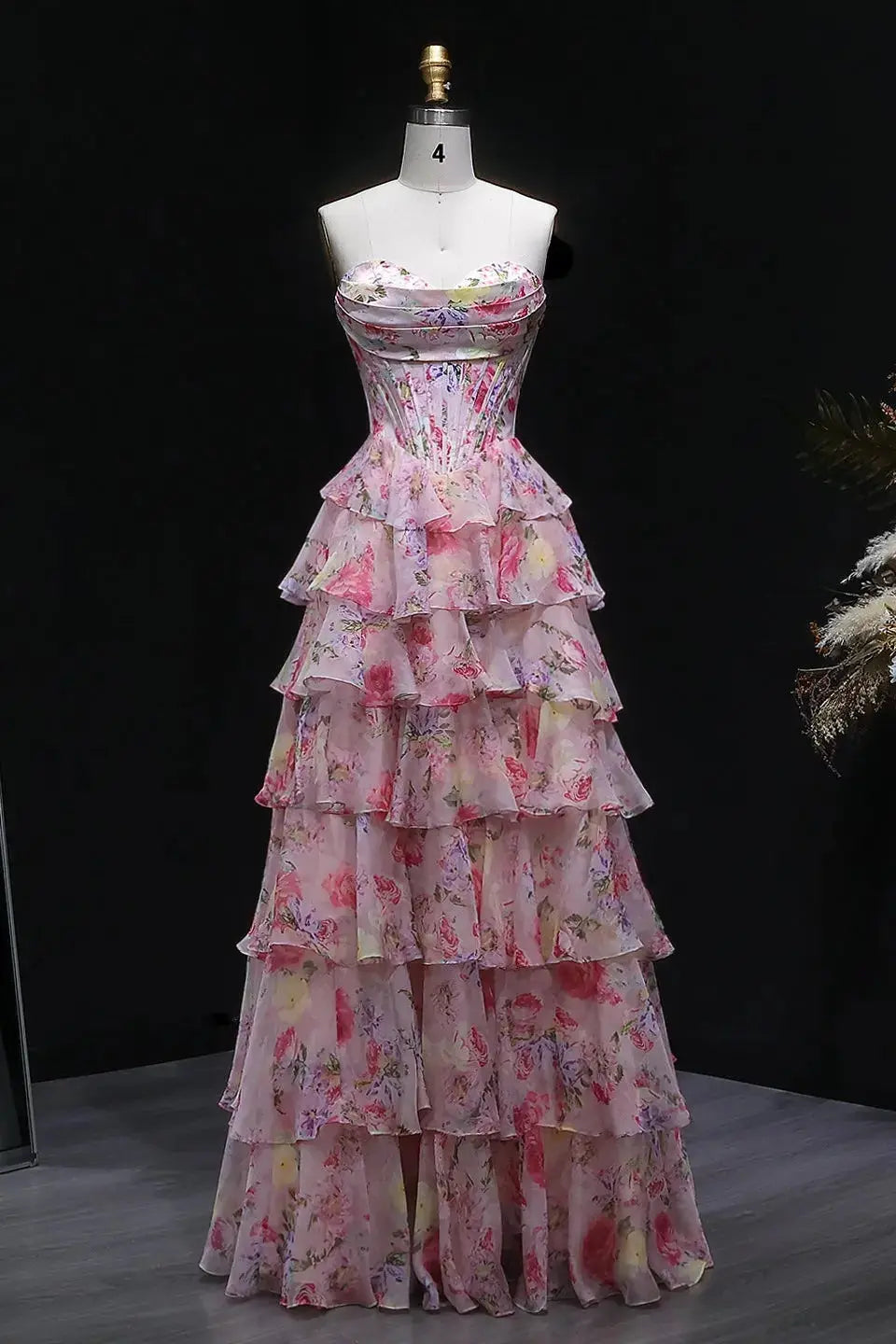 Pink Pastel Floral Strapless Tiered Chiffon A-Line Prom Dress SH105 – SHEER  FAIRY