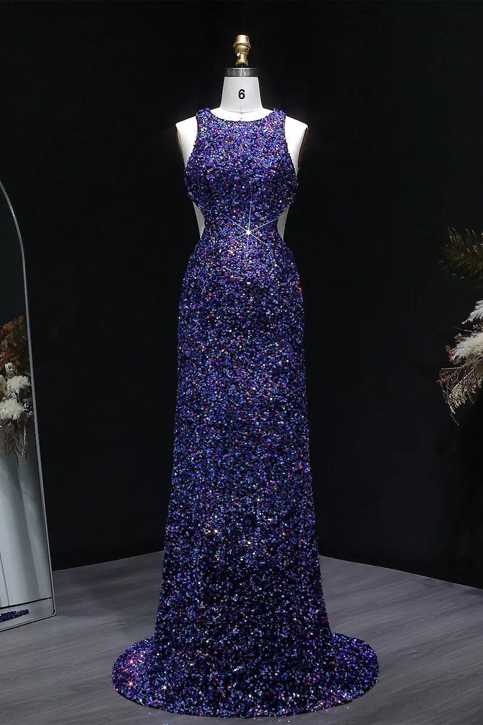 multicolor sequin prom dress Purple Iridescent Sequins Spaghetti Straps Lace-Up Mermaid Long Prom Dress with Slit Purple / 2