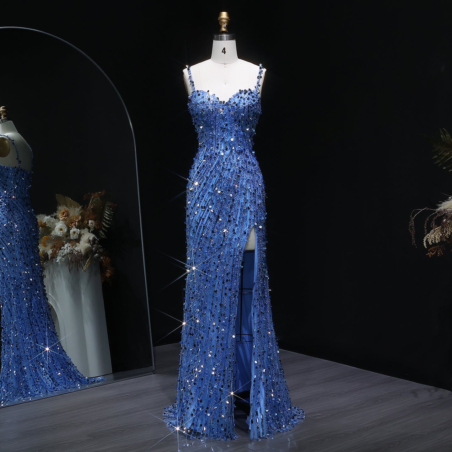 Sparkly Crystal Blue Evening Dress with Shoulder Strap SH345