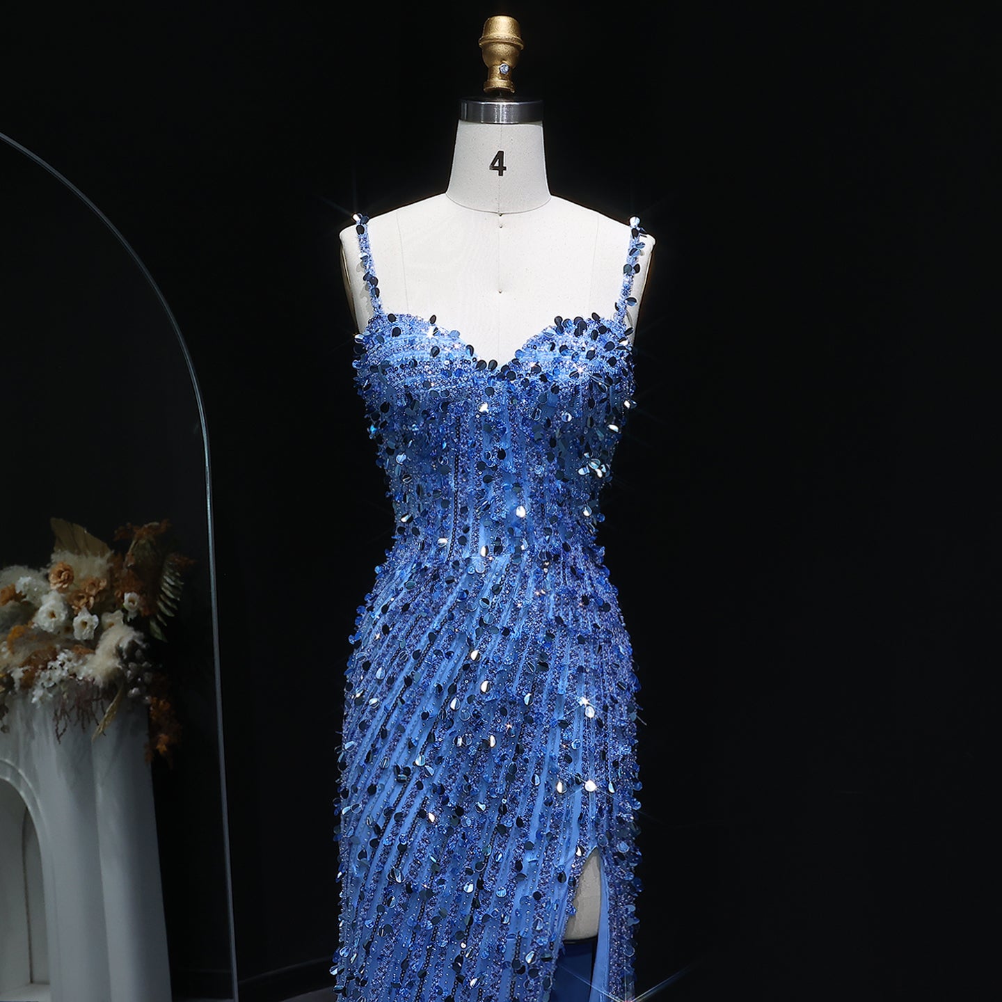 Sparkly Crystal Blue Evening Dress with Shoulder Strap SH345