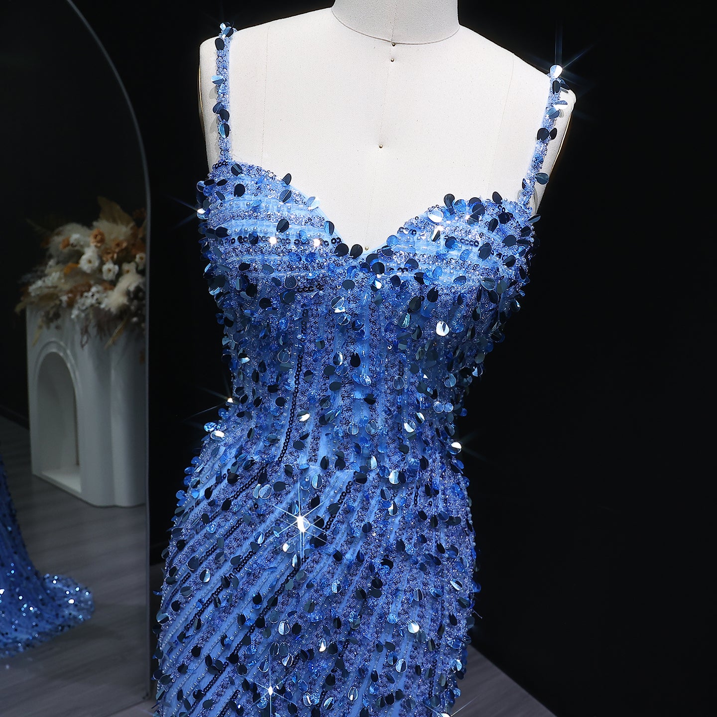 Sparkly Crystal Blue Evening Dress with Shoulder Strap SH345