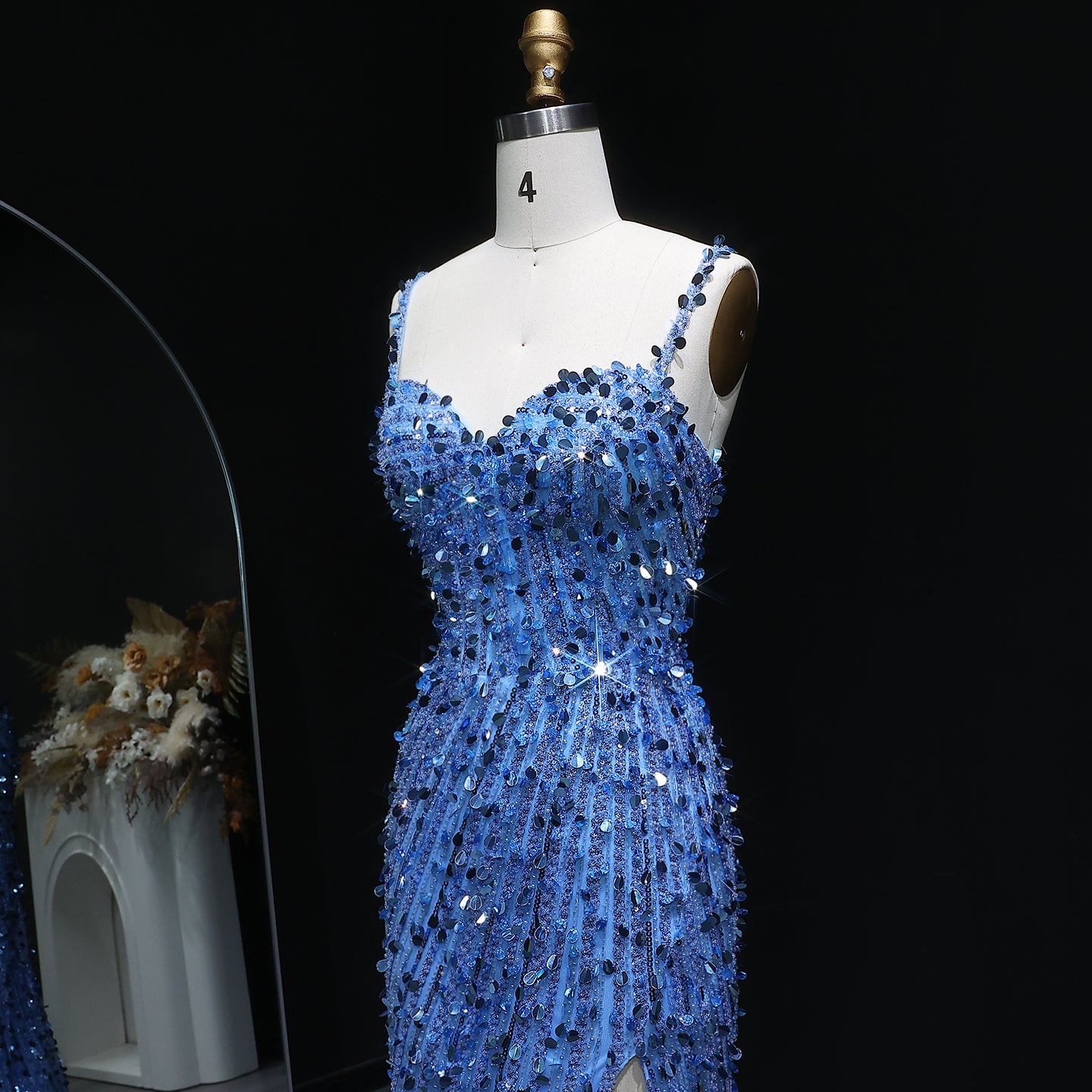 Sparkly Crystal Blue Evening Dress with Shoulder Strap SH345