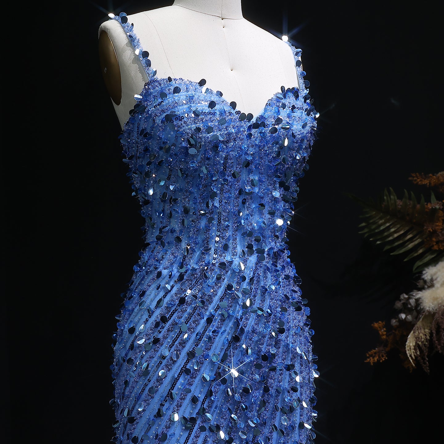 Sparkly Crystal Blue Evening Dress with Shoulder Strap SH345