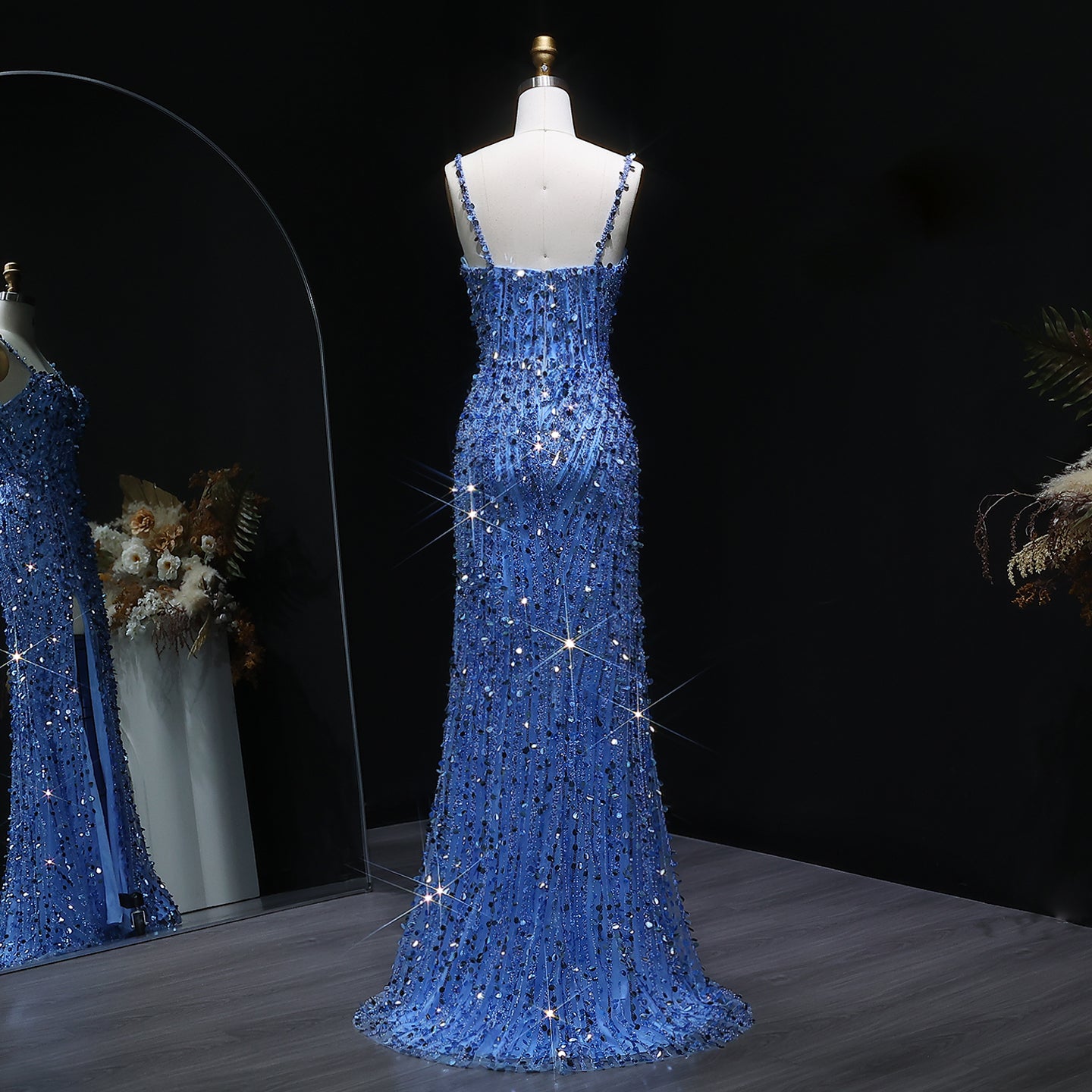 Sparkly Crystal Blue Evening Dress with Shoulder Strap SH345