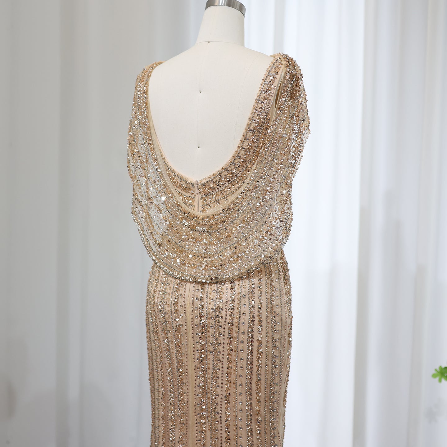 Luxury Beaded Silver Long Sleeves Evening Dress with Cape SS035