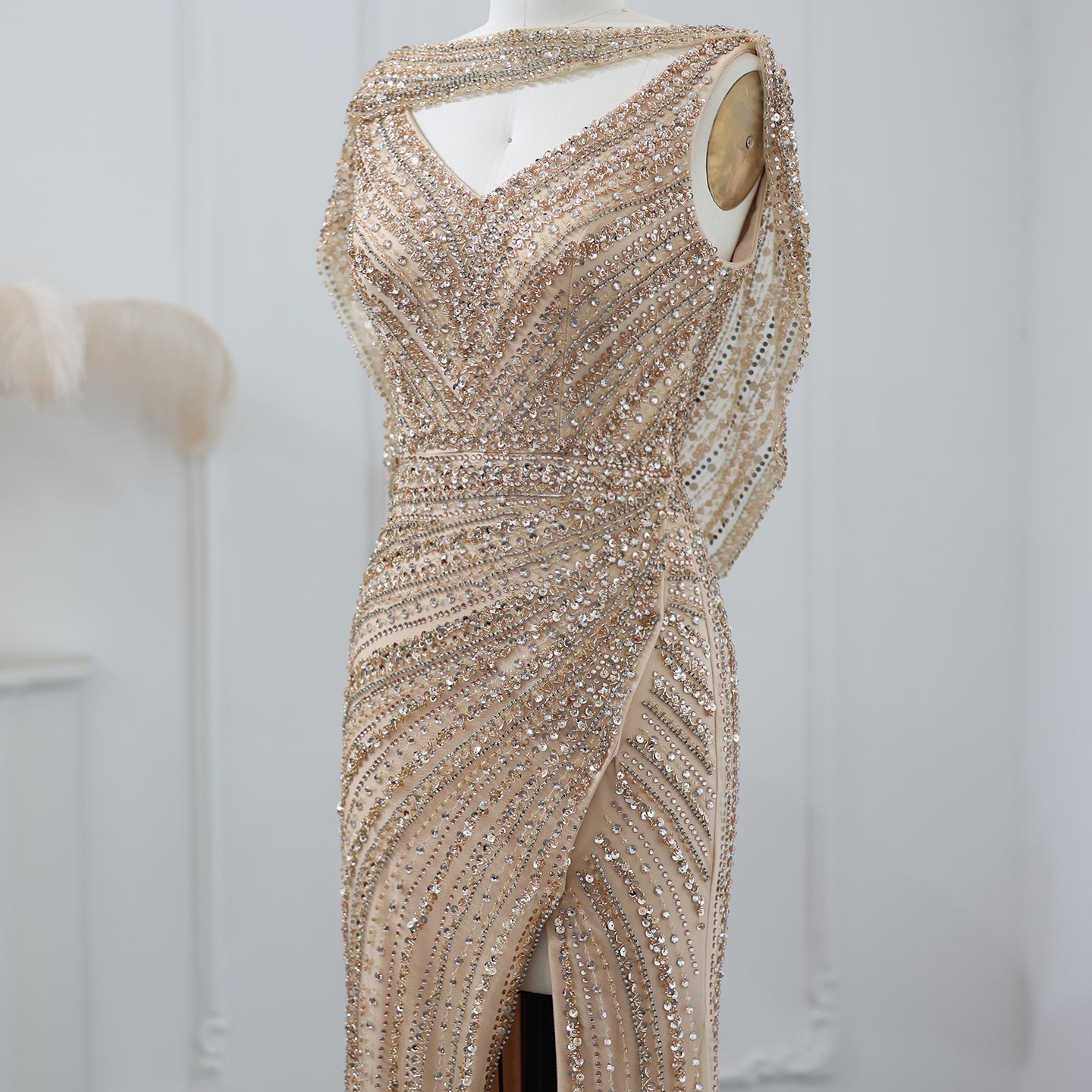 Luxury Beaded Silver Long Sleeves Evening Dress with Cape SS035