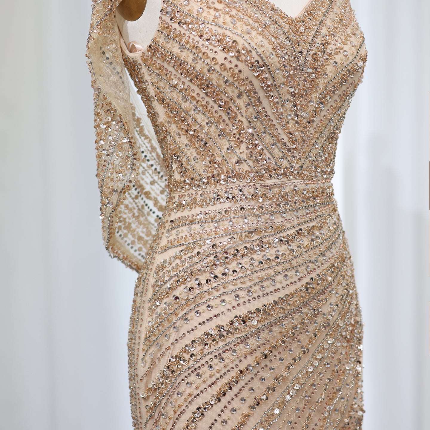 Luxury Beaded Silver Long Sleeves Evening Dress with Cape SS035