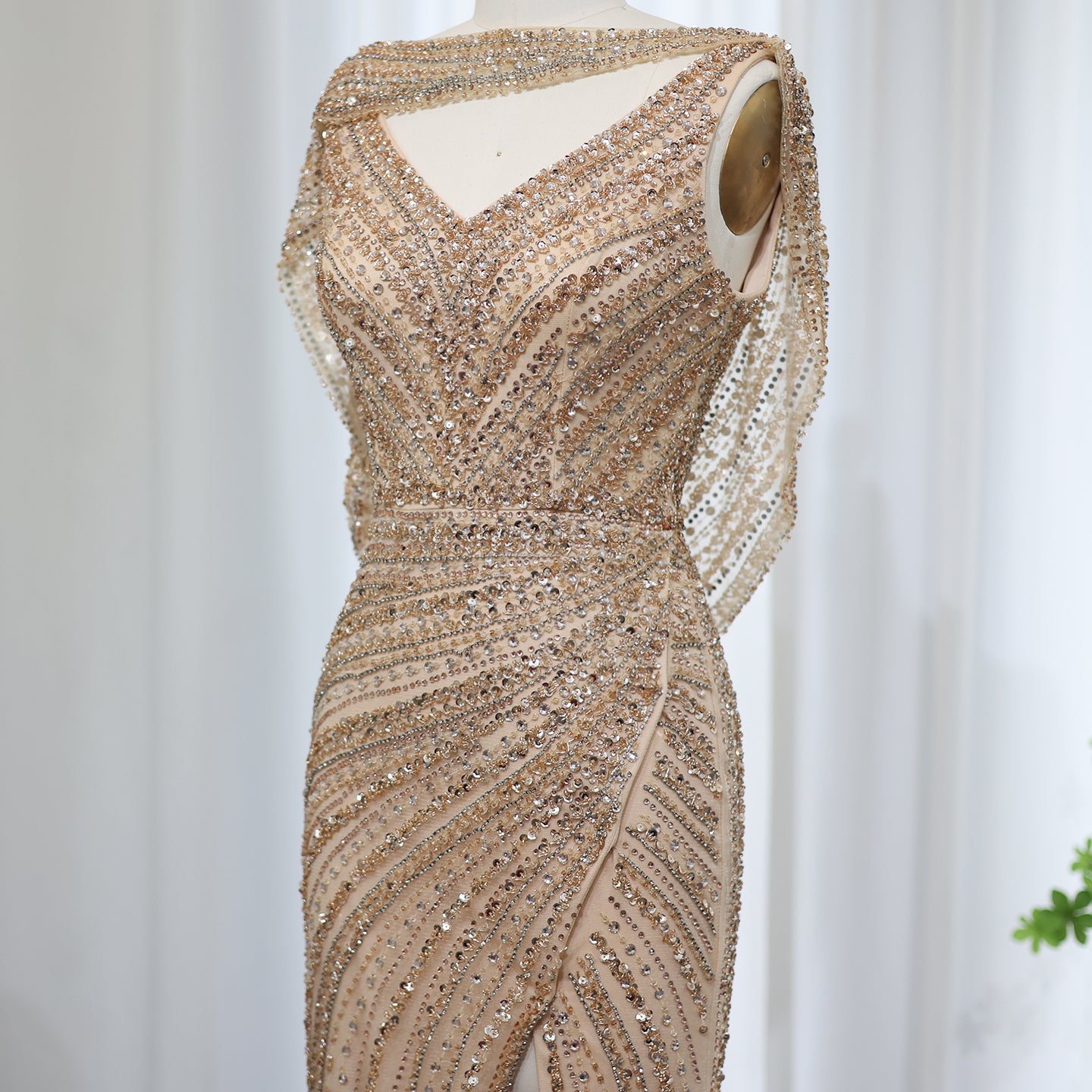 Luxury Beaded Silver Long Sleeves Evening Dress with Cape SS035