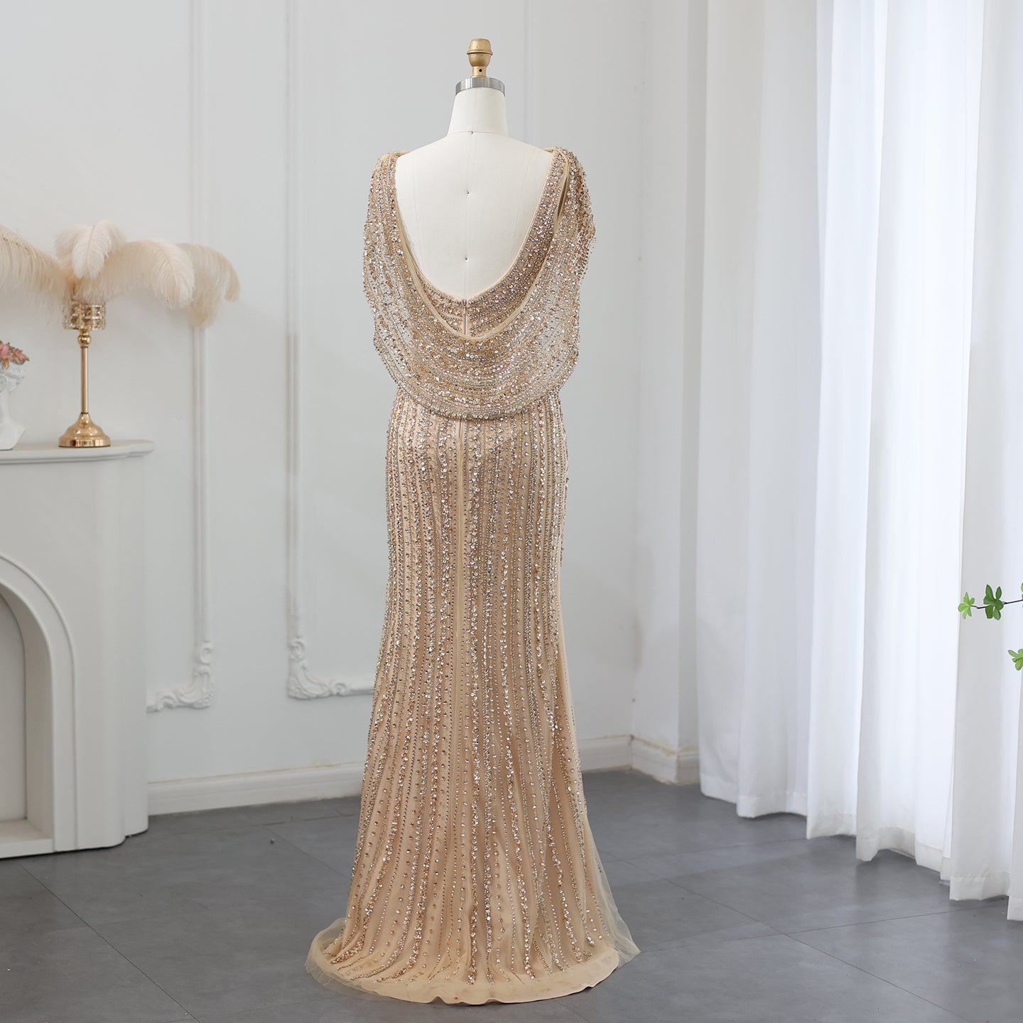Luxury Beaded Silver Long Sleeves Evening Dress with Cape SS035