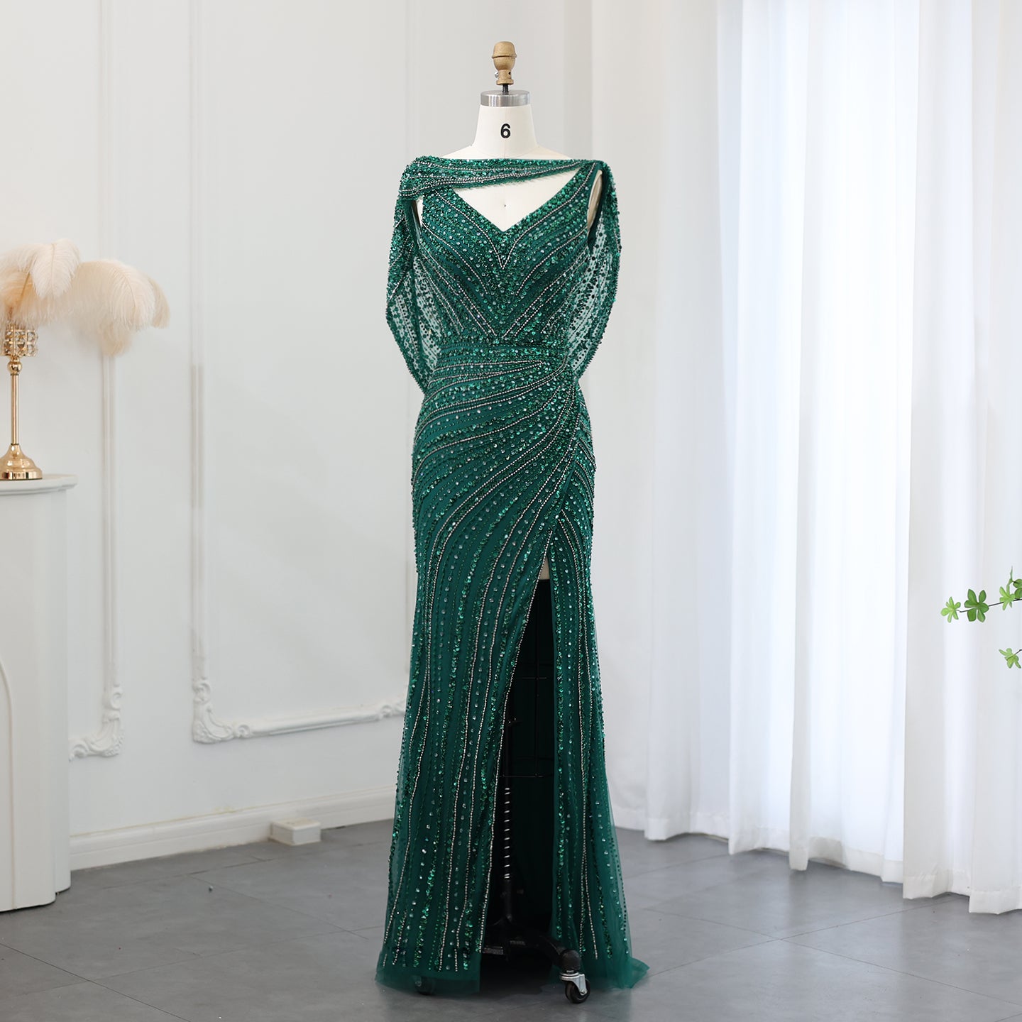 Luxury Beaded Silver Long Sleeves Evening Dress with Cape SS035