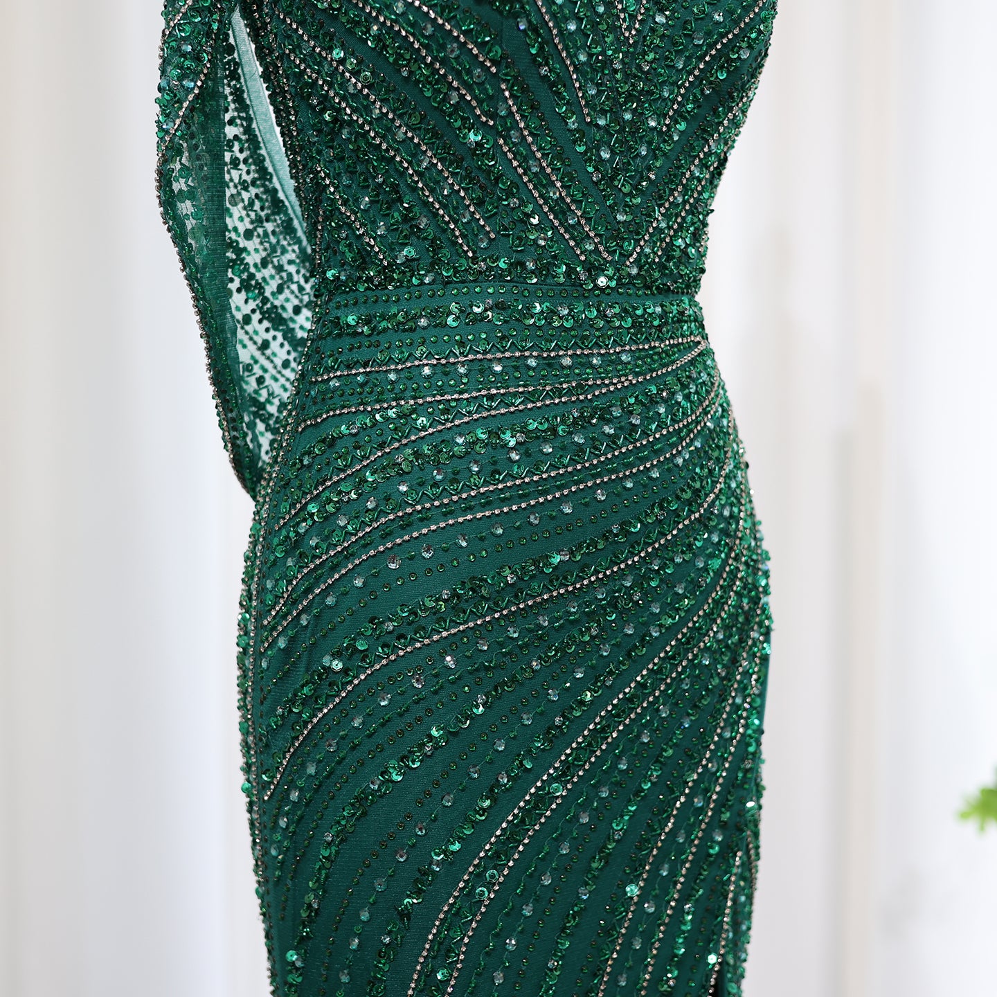 Luxury Beaded Silver Long Sleeves Evening Dress with Cape SS035