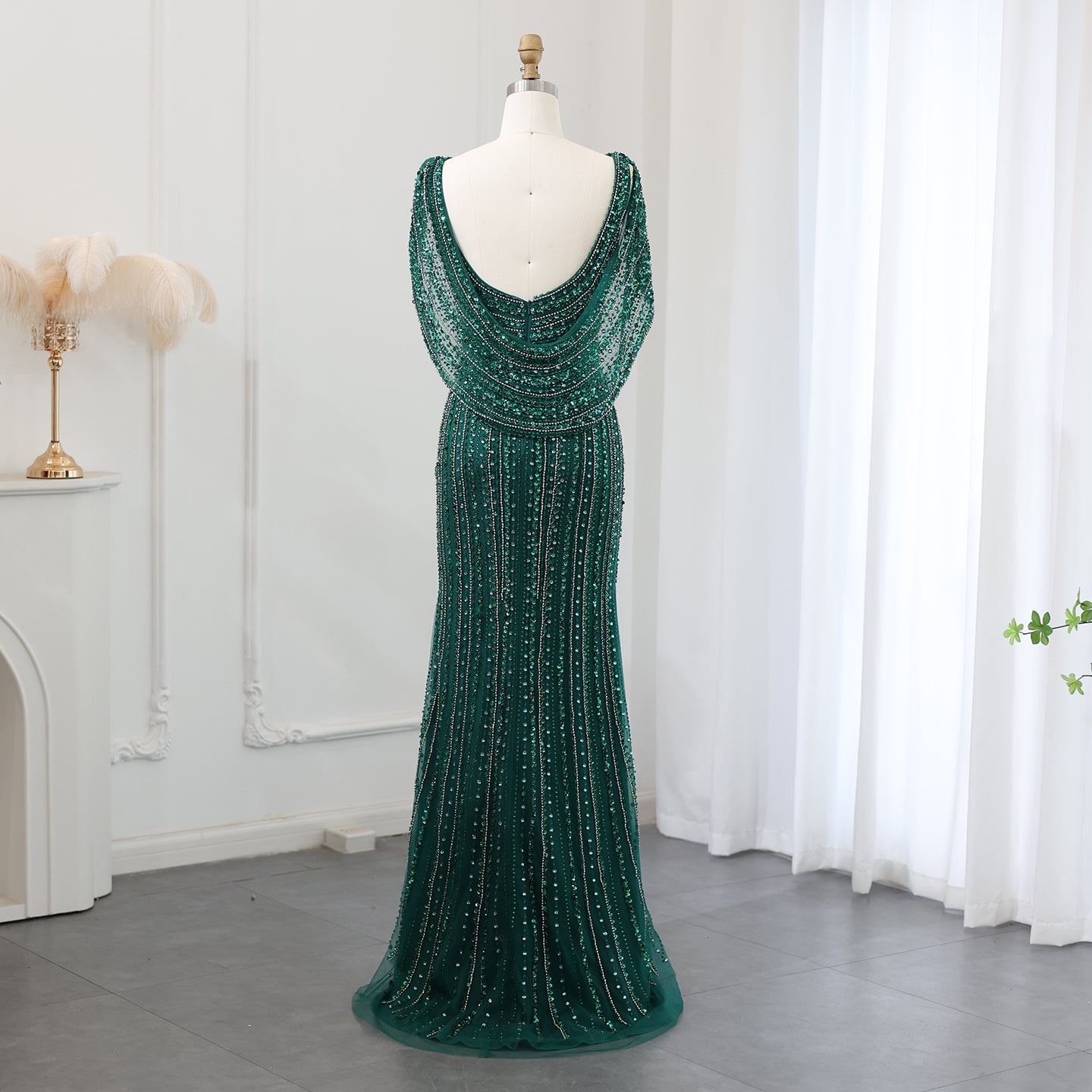 Luxury Beaded Silver Long Sleeves Evening Dress with Cape SS035