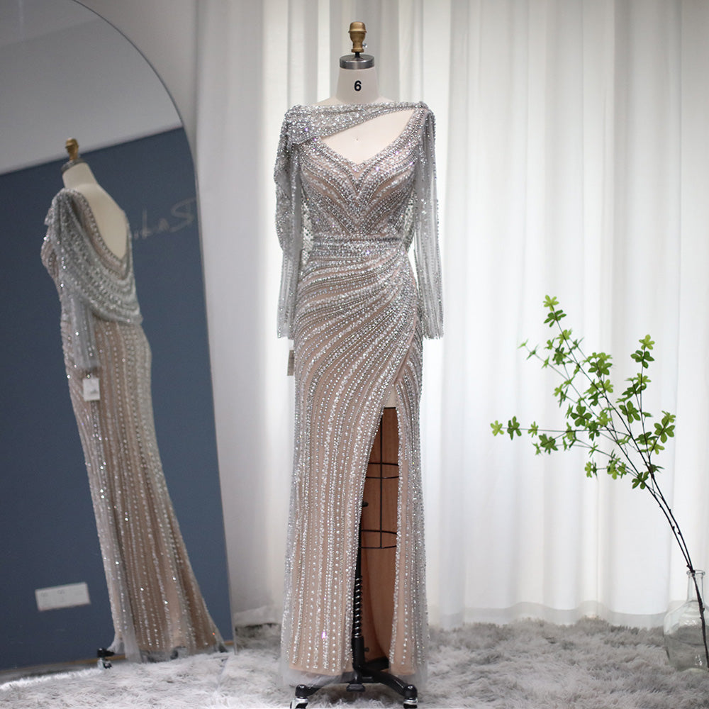 Luxury Beaded Silver Long Sleeves Evening Dress with Cape SS035