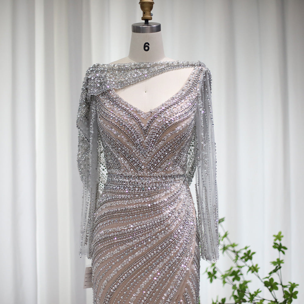 Luxury Beaded Silver Long Sleeves Evening Dress with Cape SS035