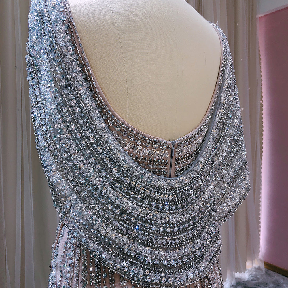 Luxury Beaded Silver Long Sleeves Evening Dress with Cape SS035