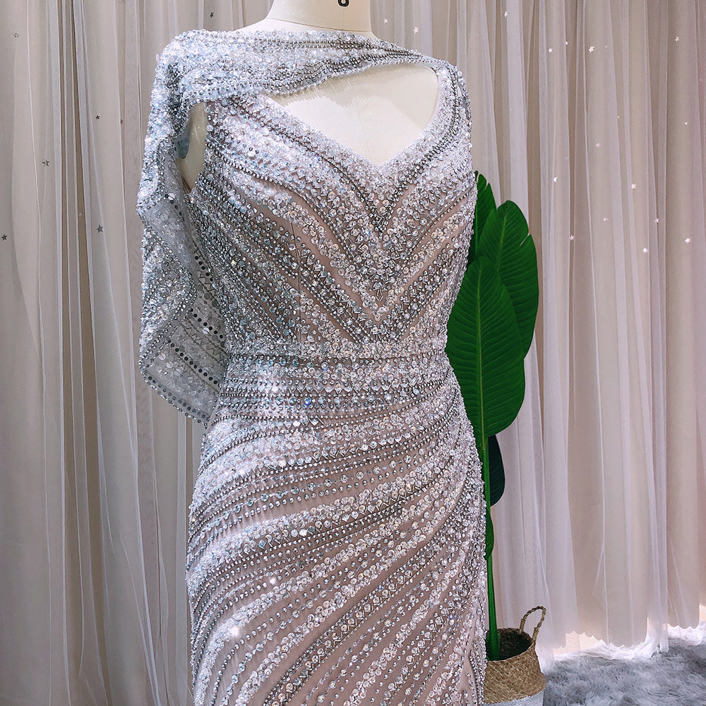 Luxury Beaded Silver Long Sleeves Evening Dress with Cape SS035